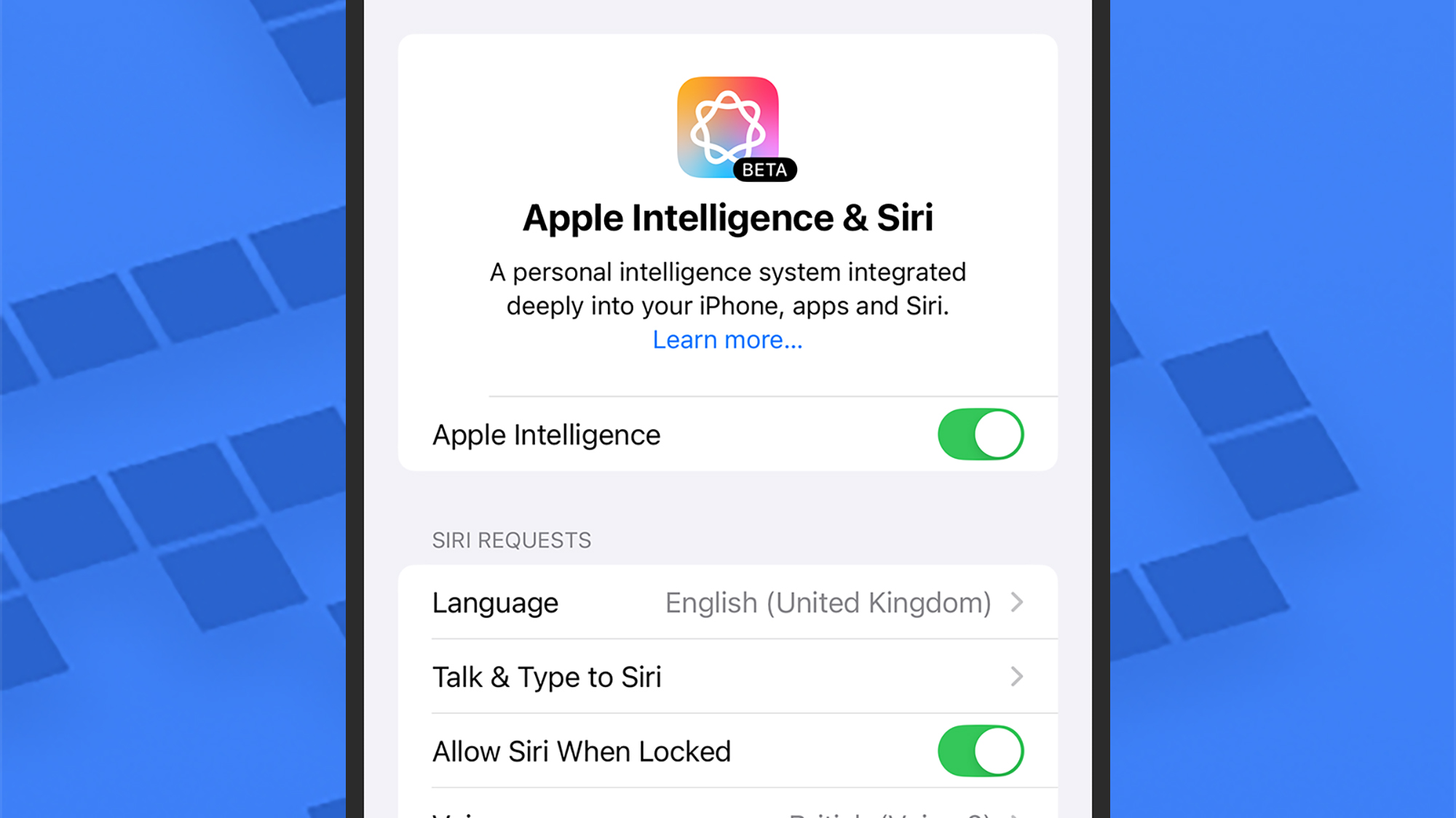 screenshot of setting of apple intelligence in siri