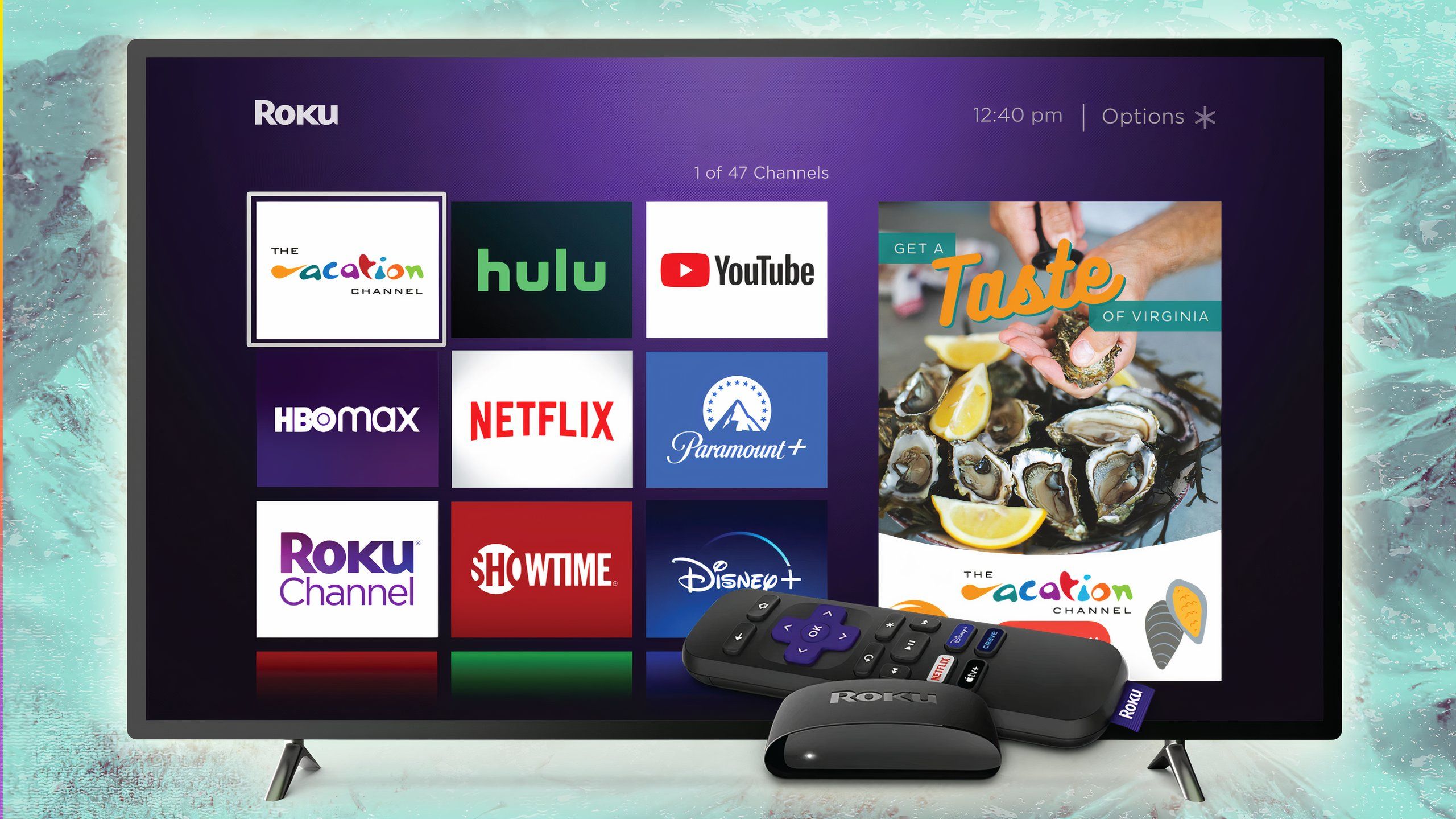 A Roku home screen with the device and remote in front of a TV