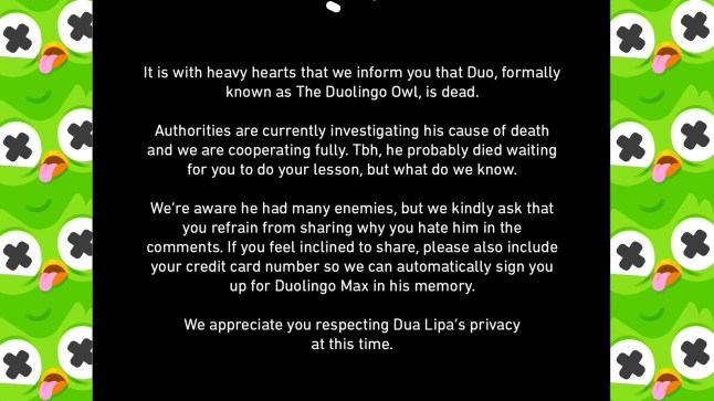 Duolingo statement made on social media accounts announcing the death of Duo the owl