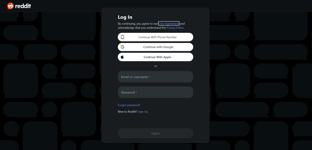 Reddit's login screen, showing single sign-in login options for Google & Apple