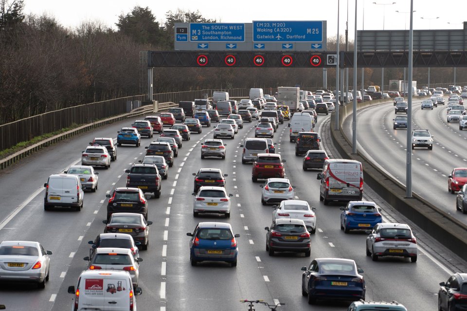 M25 motorway traffic jam near Egham, Surrey.