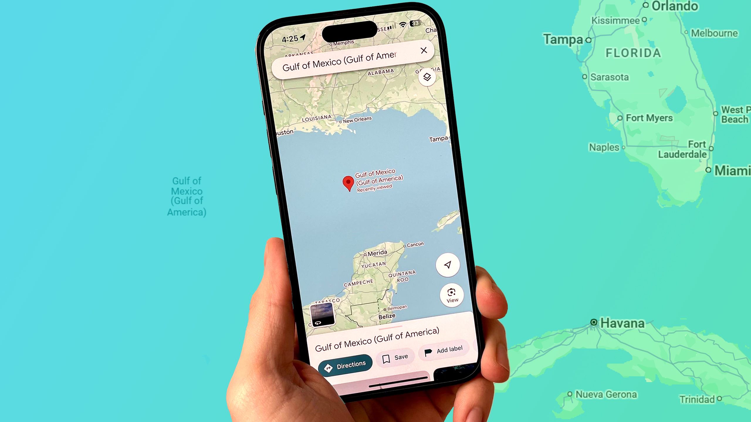 Gulf of America/Mexico on iPhone screen with maps background