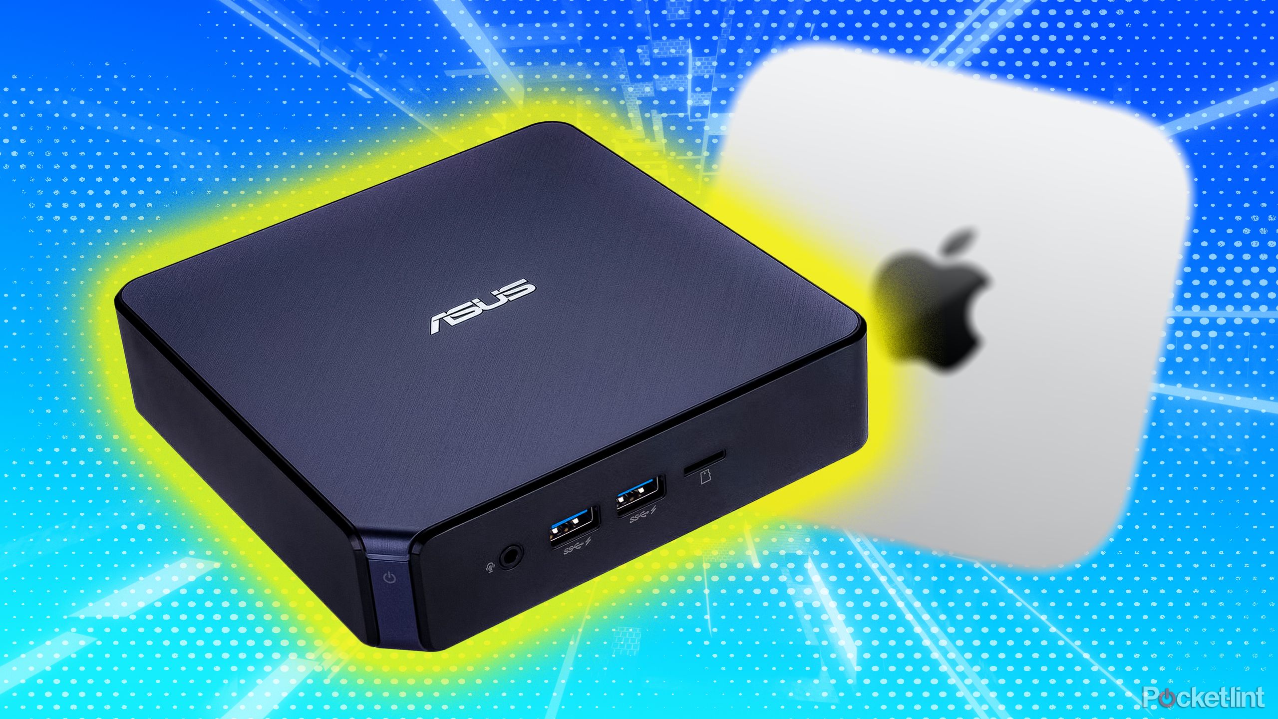 An image of an ASUS Windows-based mini PC in front of th Apple Mac Mini on a textured and blue background.