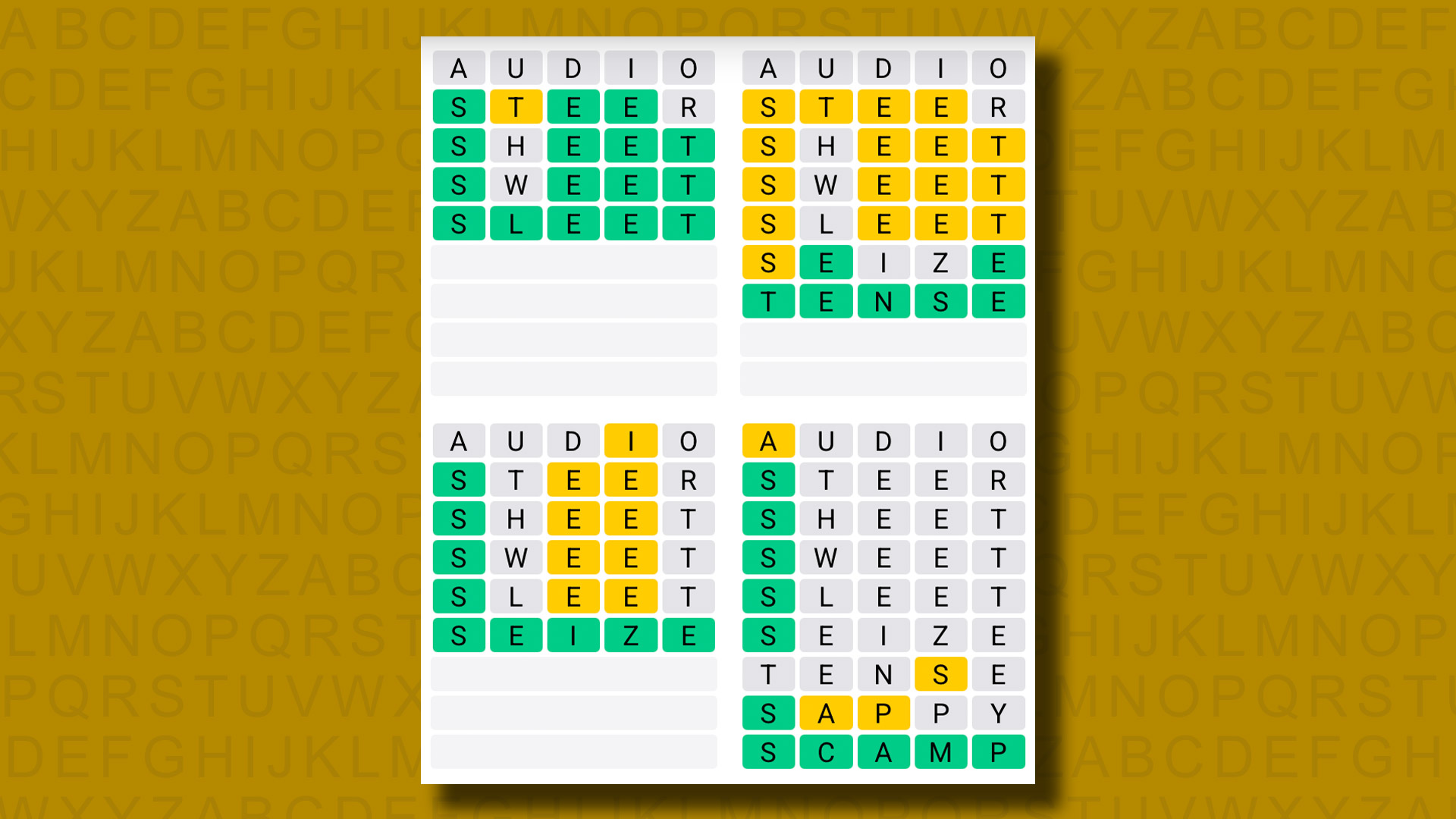 Quordle answers for game 1106 on a yellow background