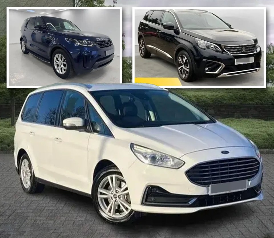 Collage of three cars: a blue Land Rover Discovery, a black Peugeot 5008, and a white Ford Galaxy.