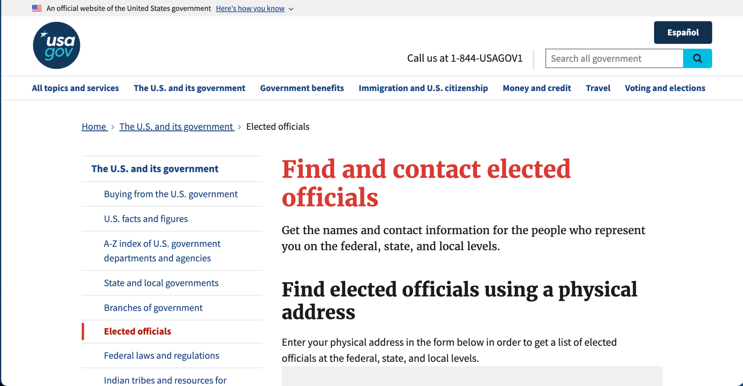 USA.gov home page with main headlines that say Find and contact elected officials, and Find elected officials using a physical address