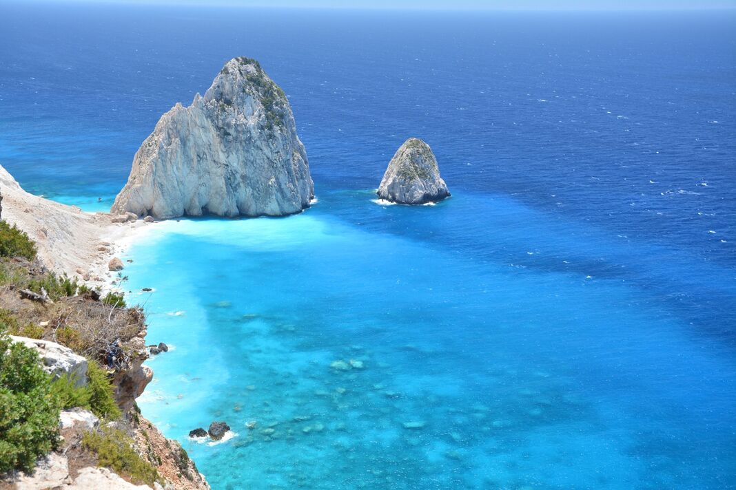 Zakynthos island in Greece. Beautiful landscape Mizithres rock formation in Ionian sea. Turquoise water.