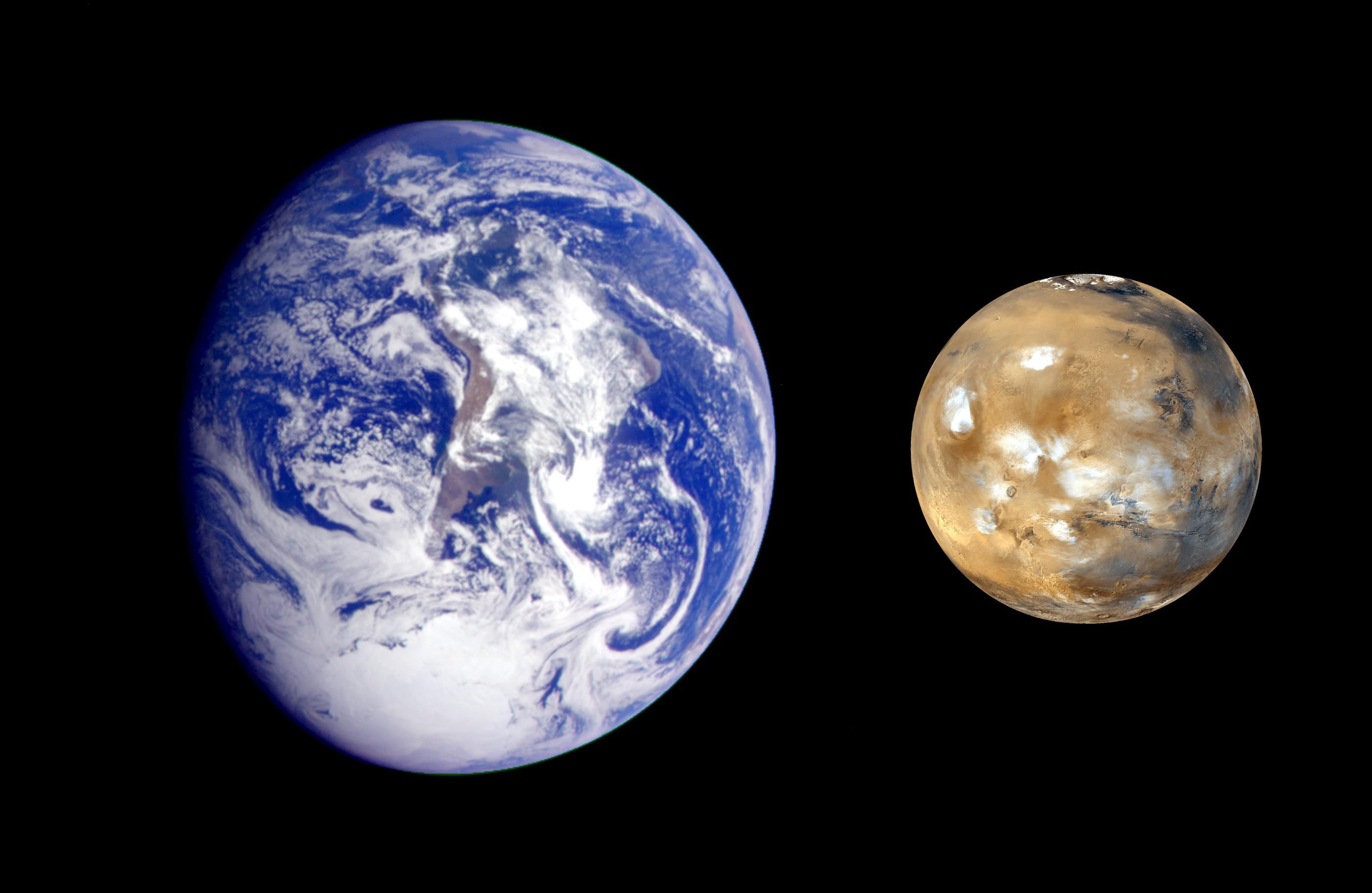 A composite image, from NASA Galileo and Mars Global Survey orbiters, of Earth and Mars.