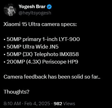 Yogesh Brar Xiaomi 15 Ultra camera specs