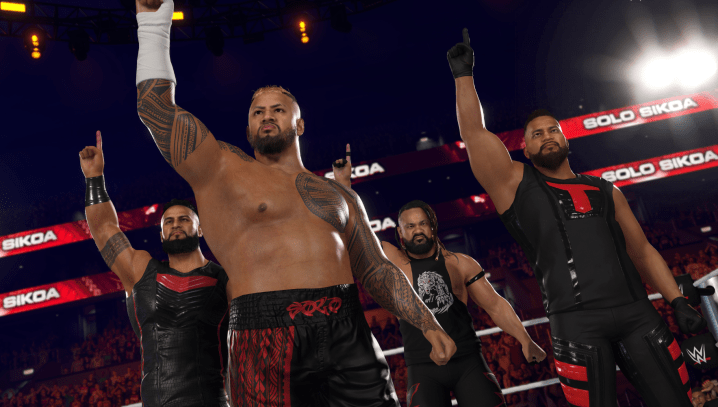 The Bloodline, led by Solo Sikoa, raises their fingers to the sky in WWE 2K25.