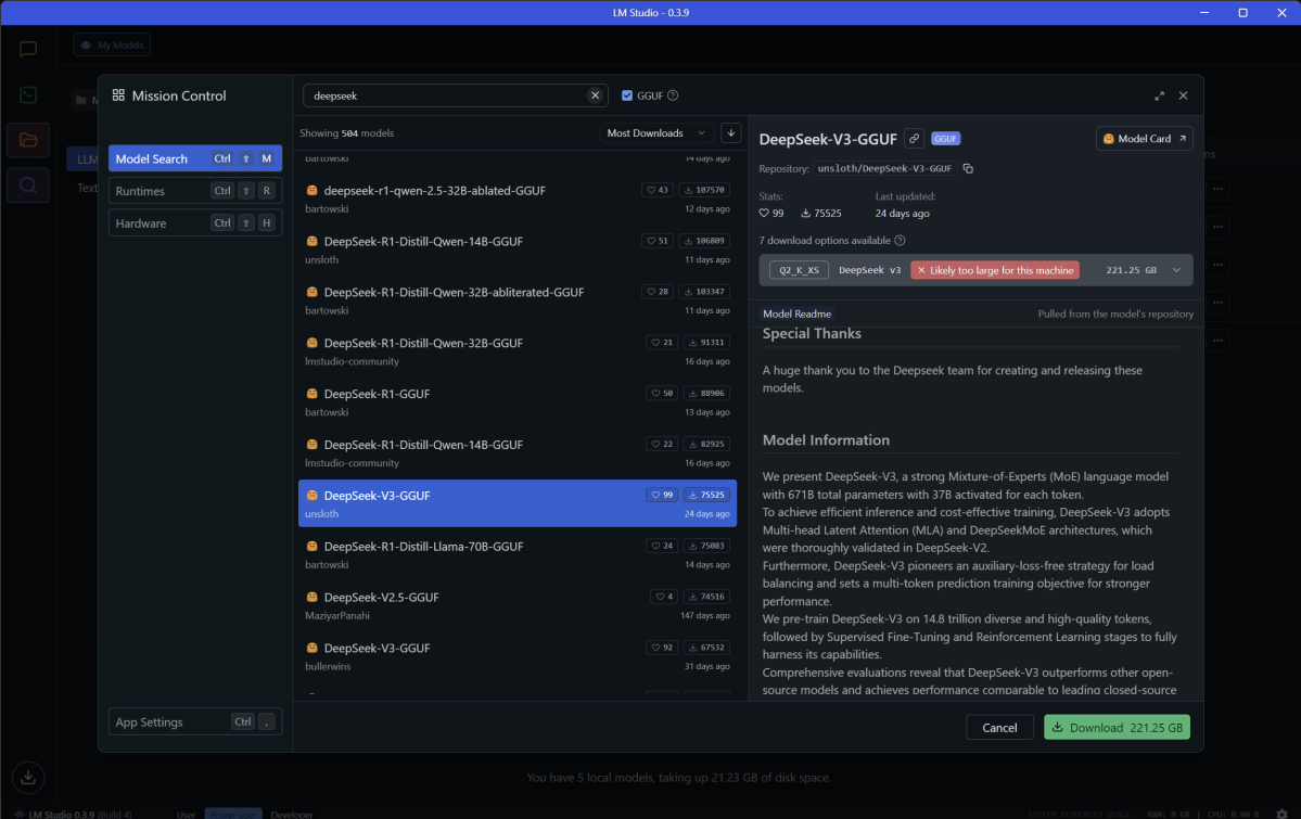 LM Studio AI model size comparison with DeepSeek V3 selected