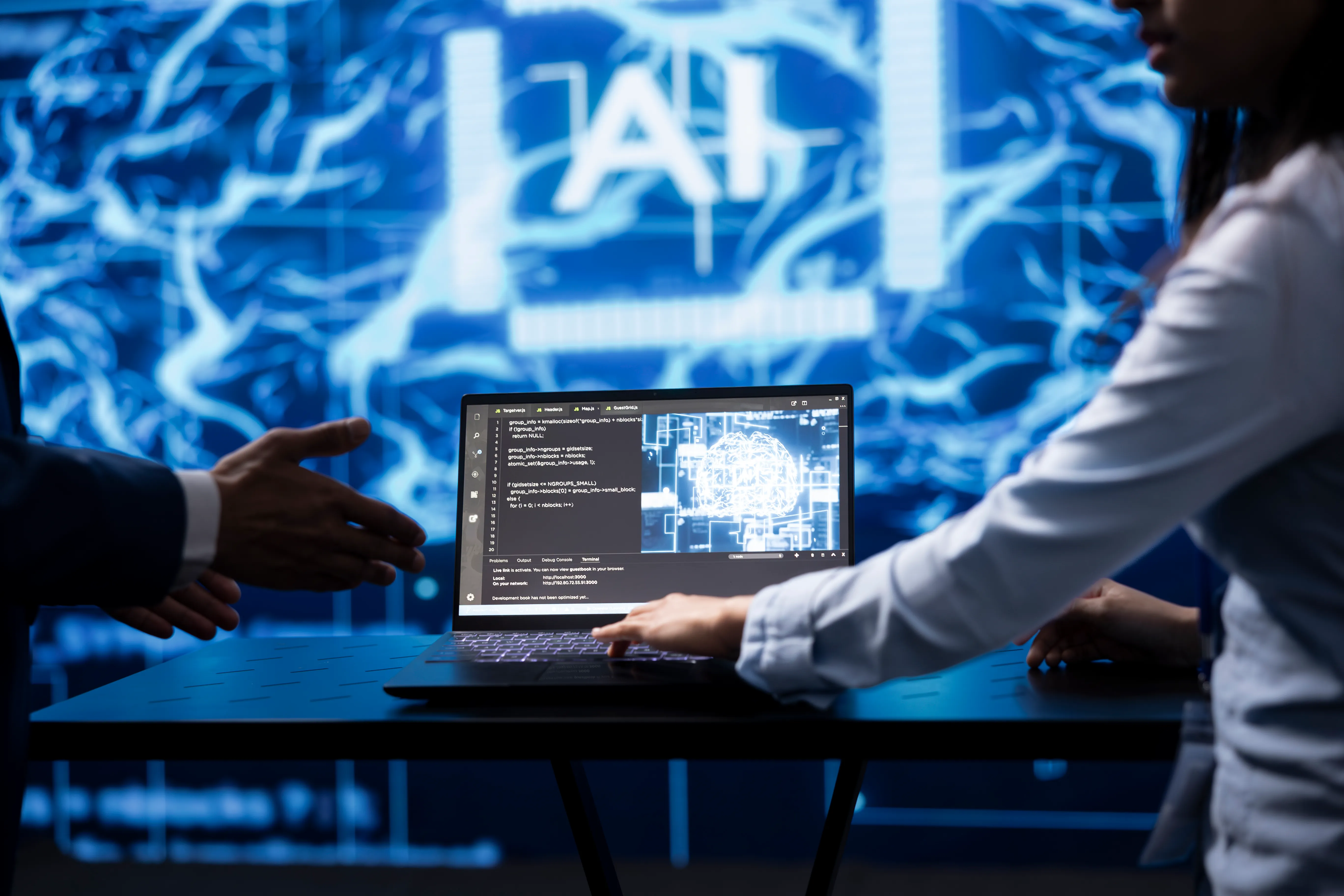 Computer scientist running AI cognitive computing tech on laptop to simulate computerized model, with a close up of notebook used by IT specialist in workspace to do data mining with self learning algorithms.