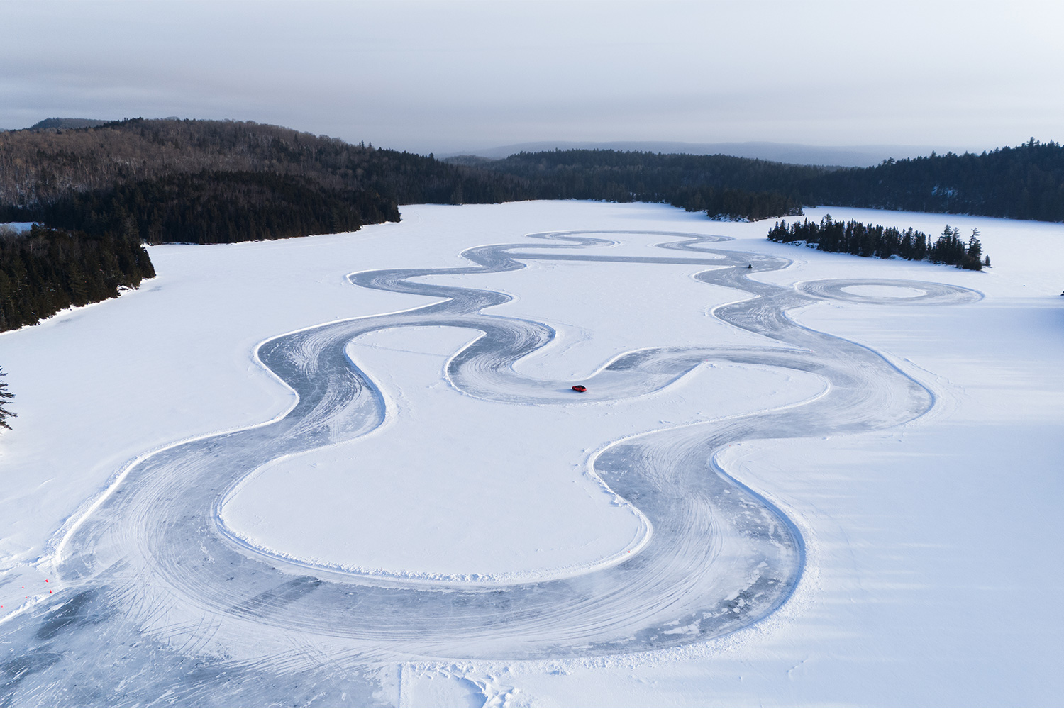 Sacacomie Lake in Quebec with an ice driving track for Lamborghini's Esperienza Neve