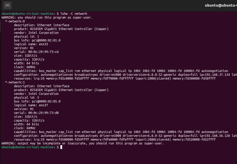 Ubuntu terminal output showing lshw -C network command results.