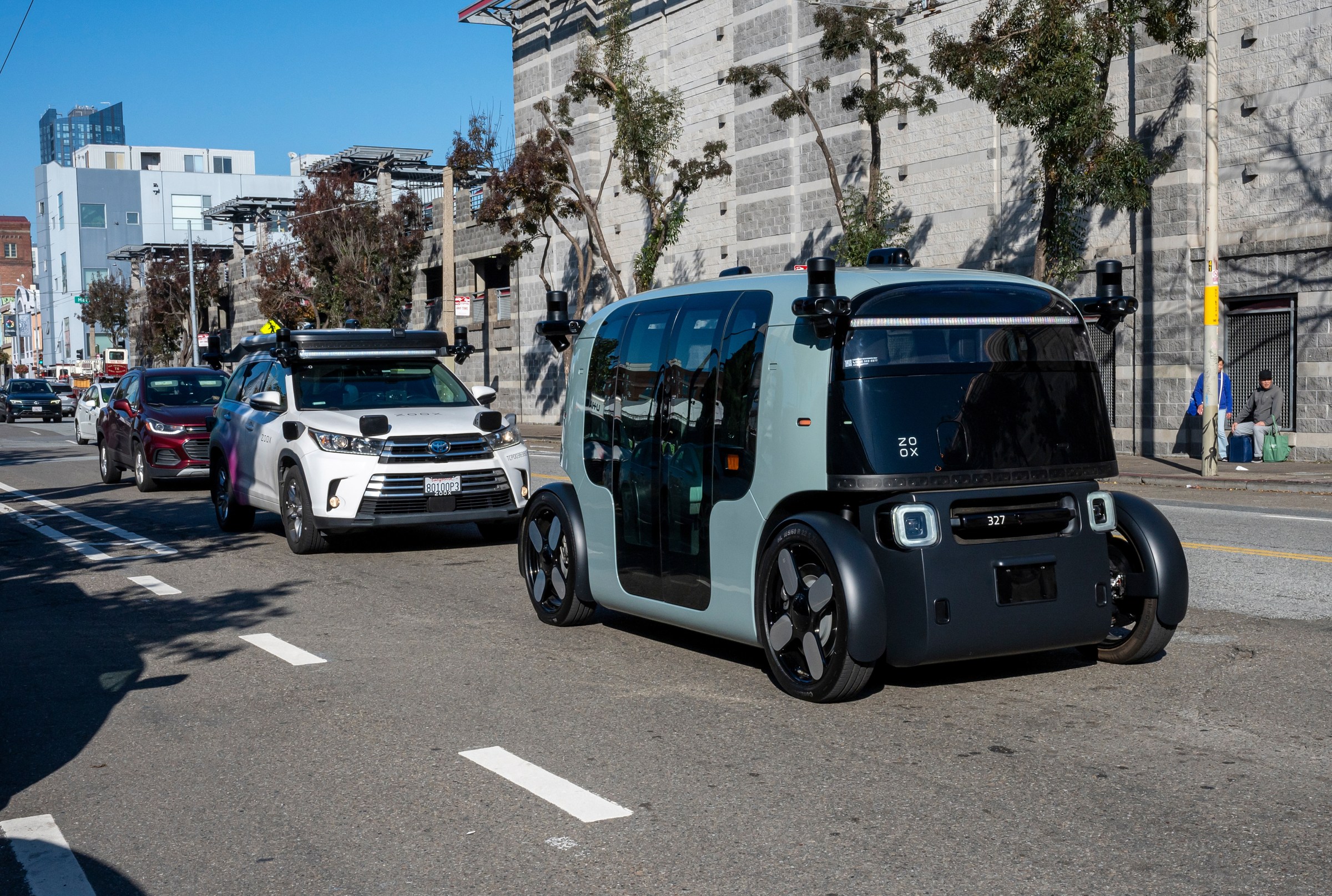 A Zoox autonomous robotaxi in San Francisco, California, US, on Wednesday, Dec. 4, 2024. Amazon owned Zoox Inc. has started testing its electric robotaxis in San Francisco’s SoMa neighborhood. Photographer: David Paul Morris/Bloomberg via Getty Images