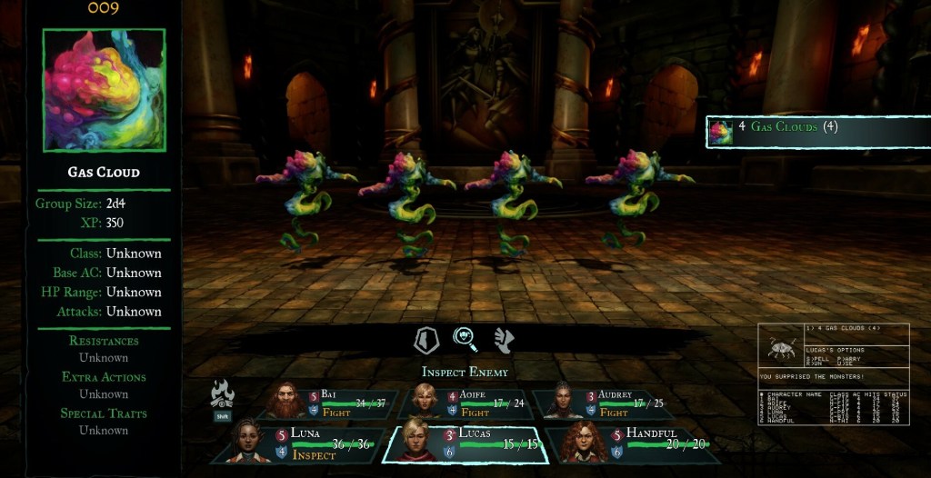 An image of the Wizardry remake's battle screen, with 4 Gas Clouds on the screen battling against a party of player controlled characters