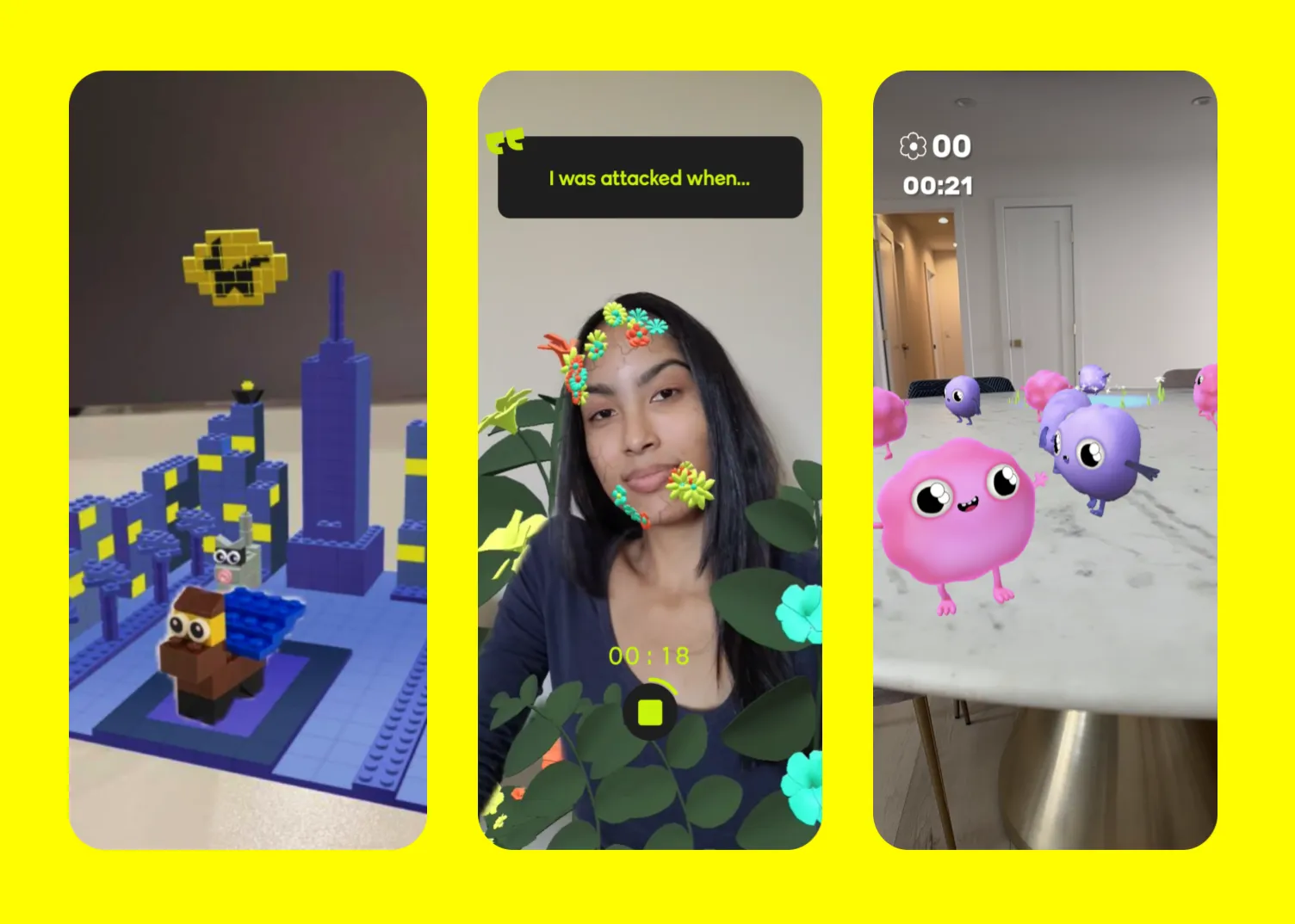 Advanced Snapchat AR Lenses: Brickit Express, SEEN Camera, and Unconditional Friends.