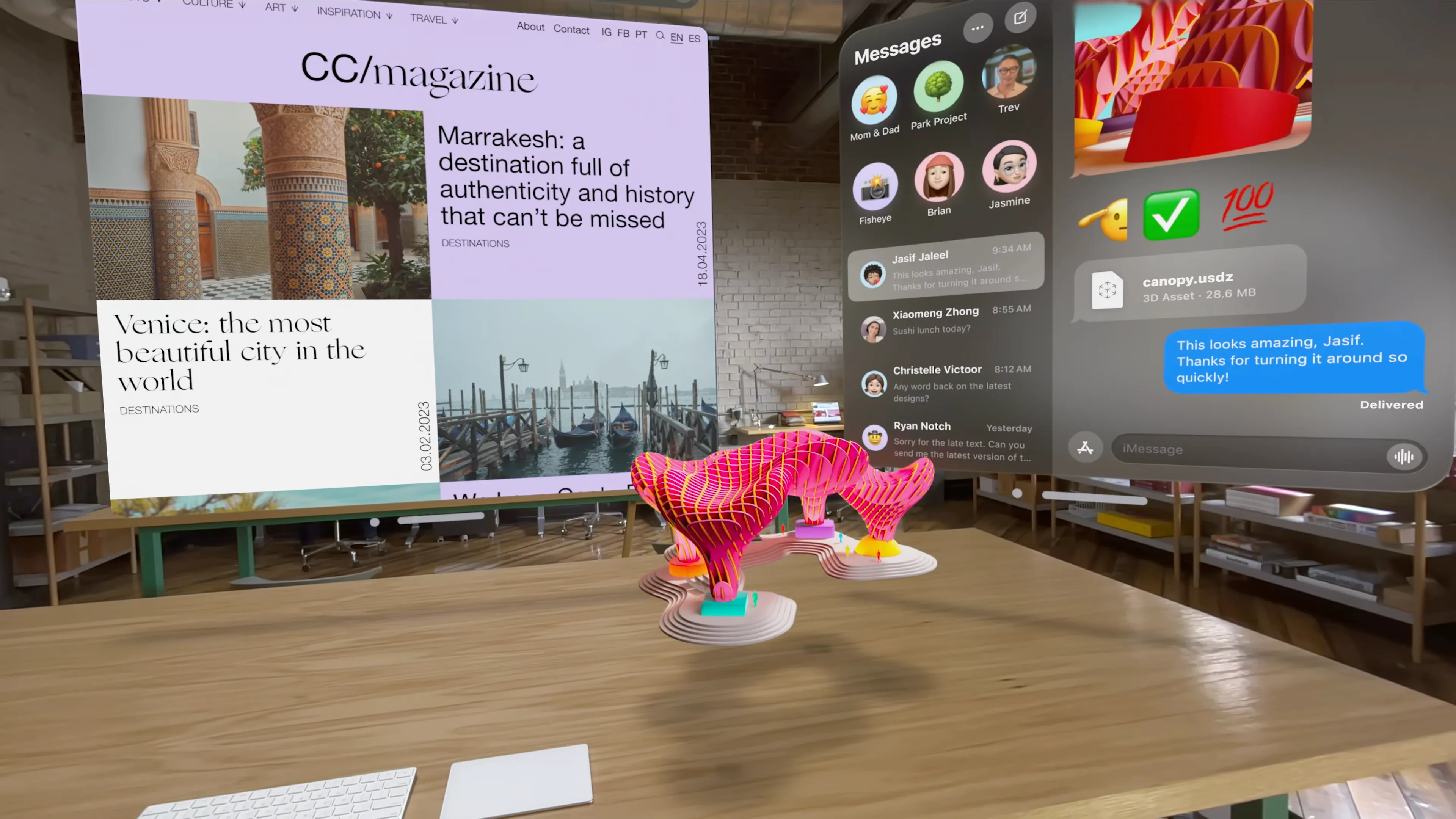 Augmented reality view through the Apple Vision Pro headset, showing Safari next to Messages with a 3D object being viewed in front of them. From WWDC 2023 video.