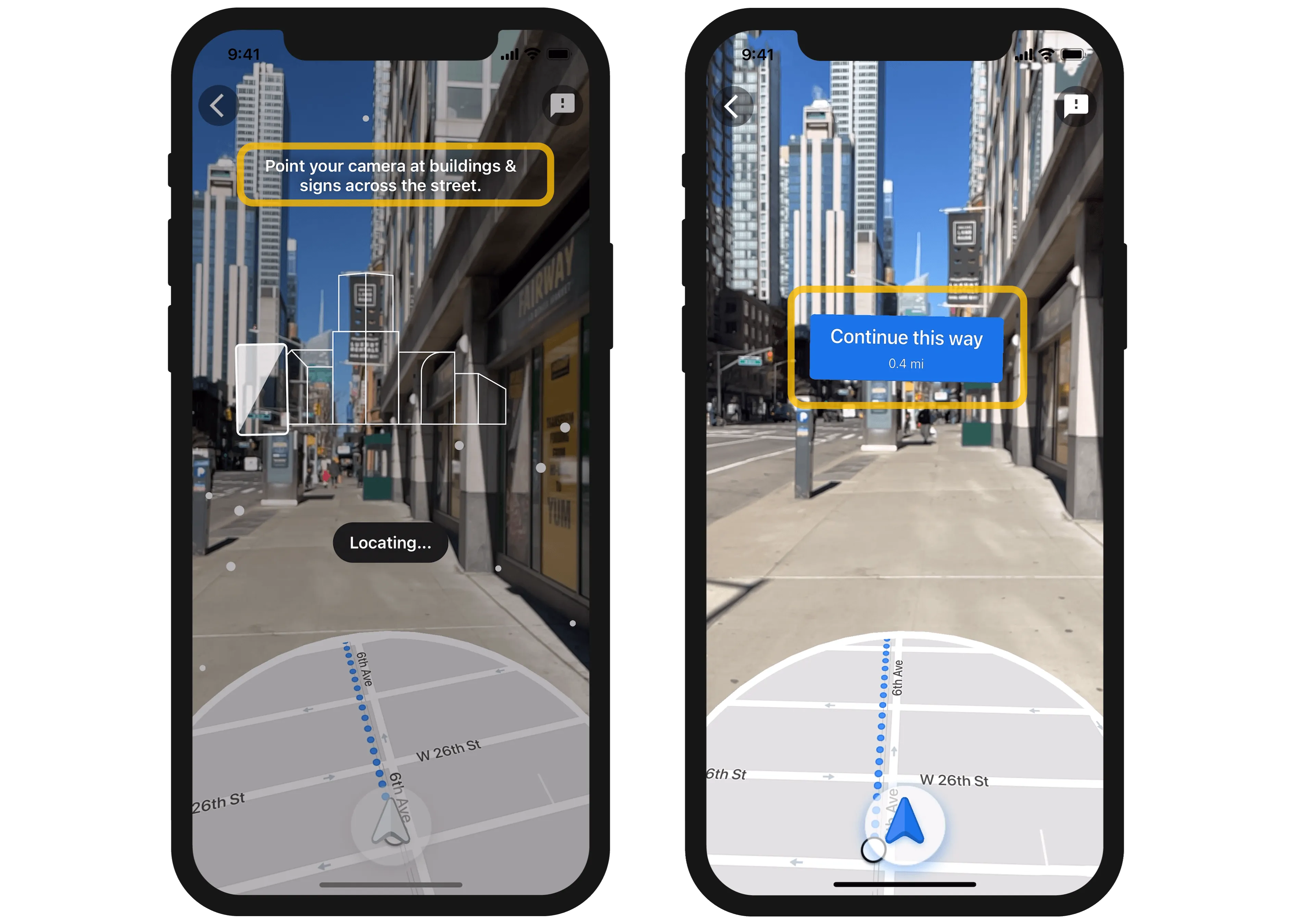 Google Maps' Live View showing AR elements on top of real world buildings as someone navigates a busy street.