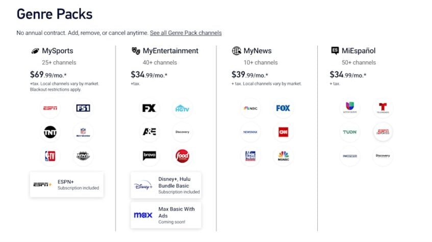 DirecTV Genre Packs and channels listed