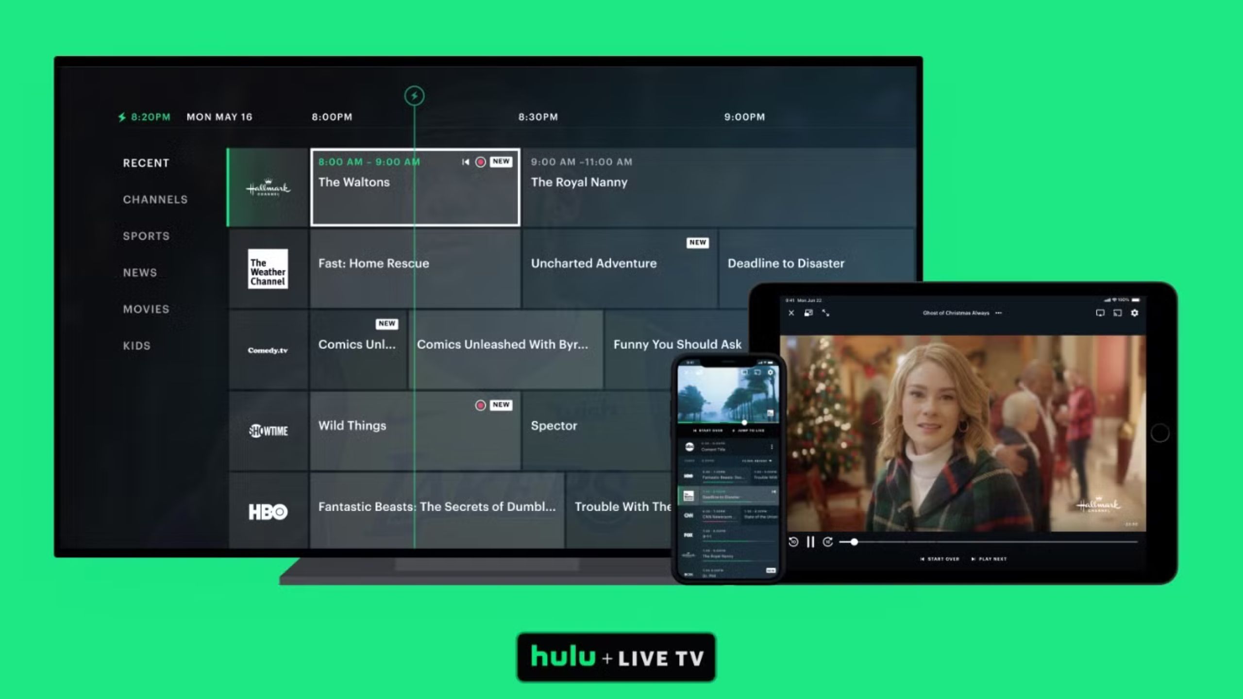 Hulu with Live TV on a TV, tablet, and smartphone.