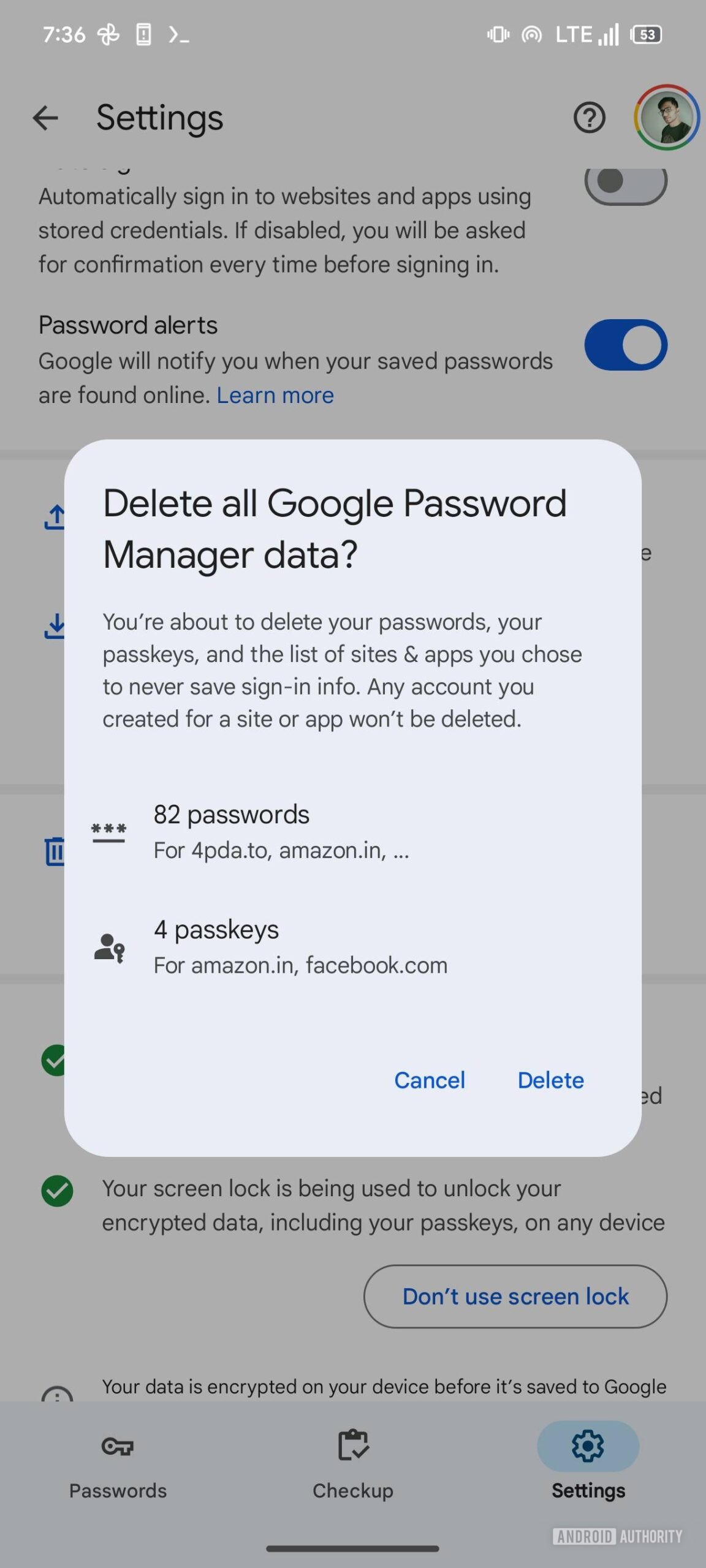 Google Password Manager Delete all data button 2