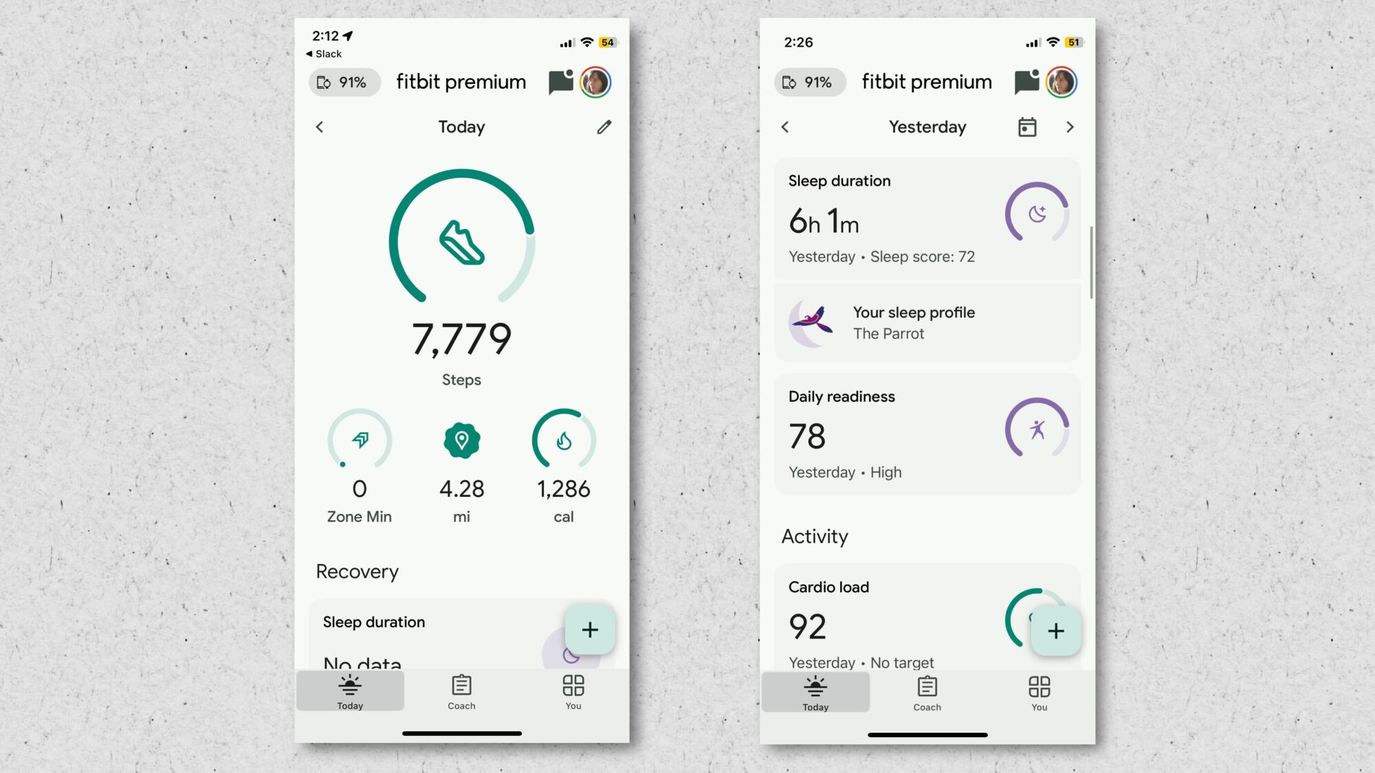 Fitbit screenshots showing steps, sleep, and other metrics