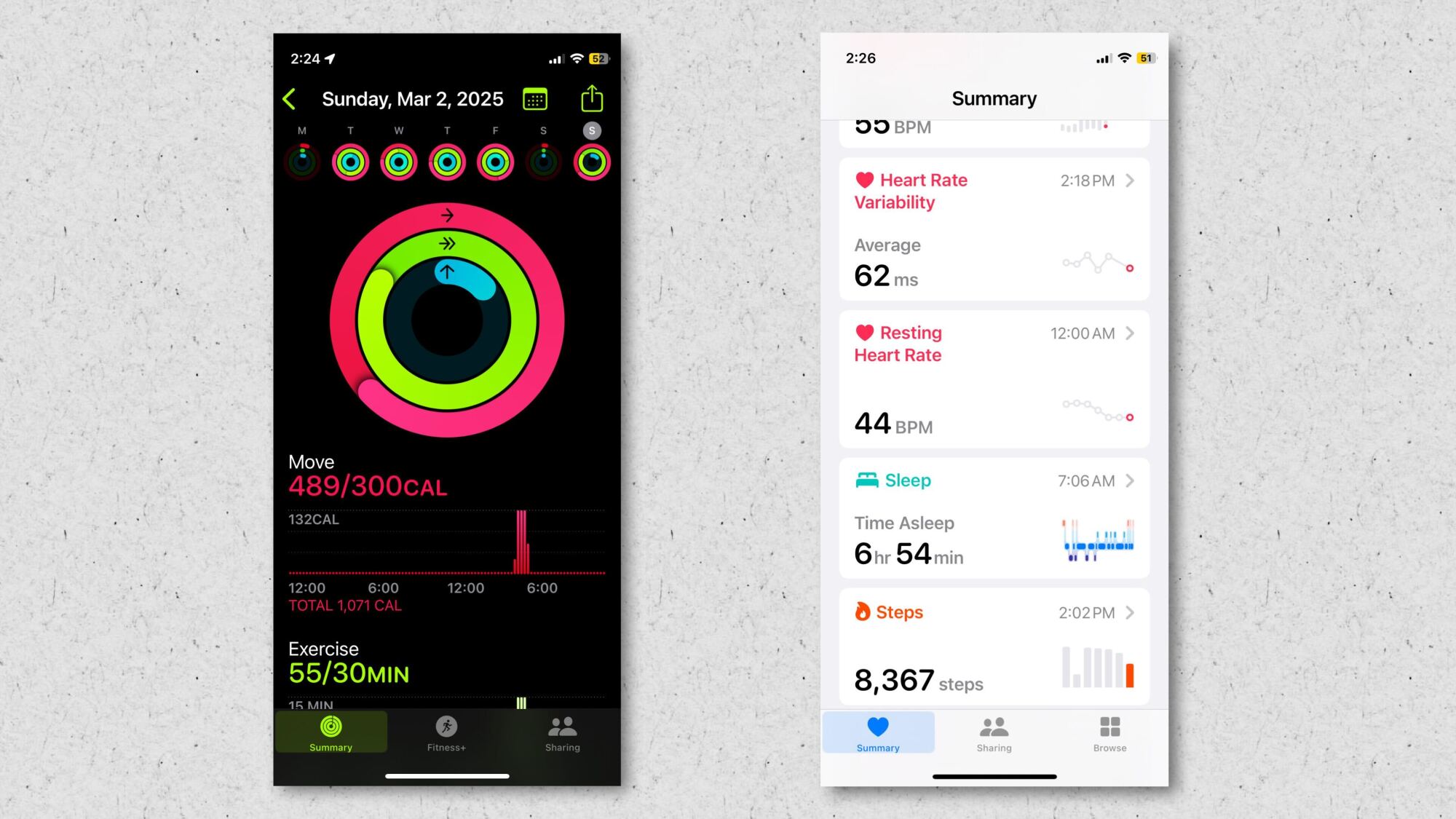 Screenshot of rings app and Apple Health app