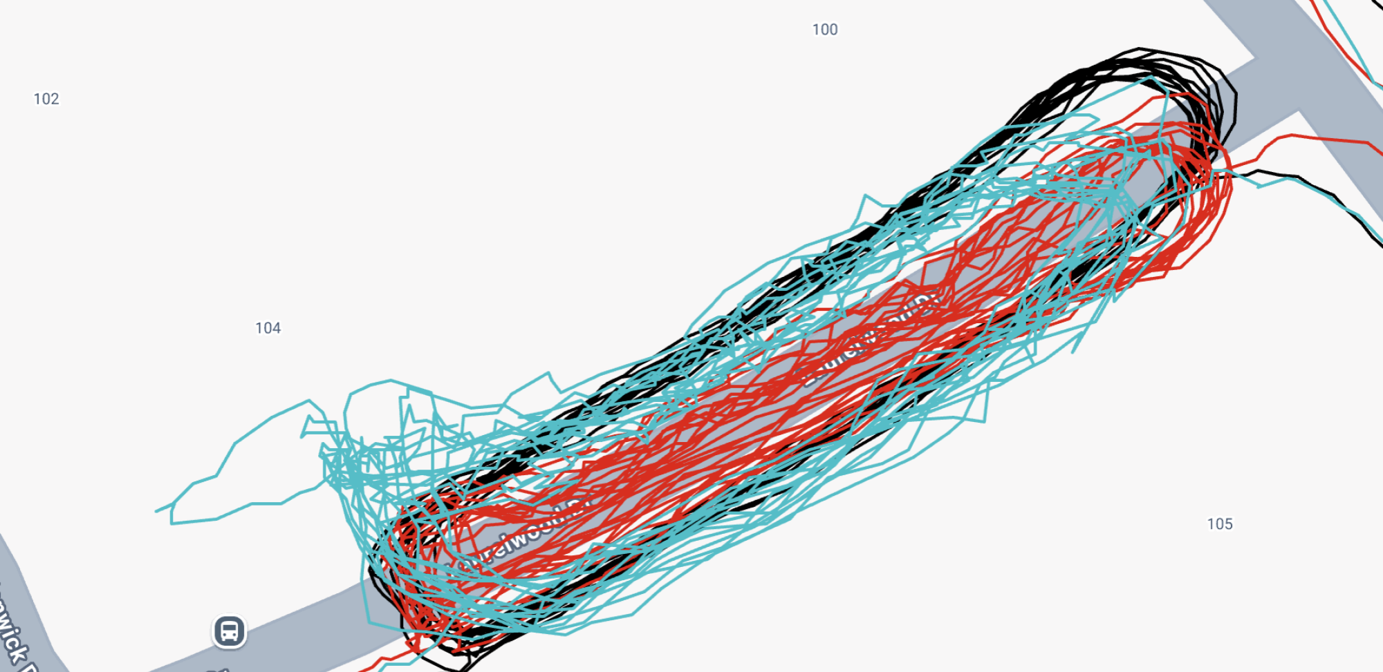 Map with three oval GPS tracks. Black is very tight and consistent. Red (Apple watch) is less so. Aqua (Fitbit) is meandering.