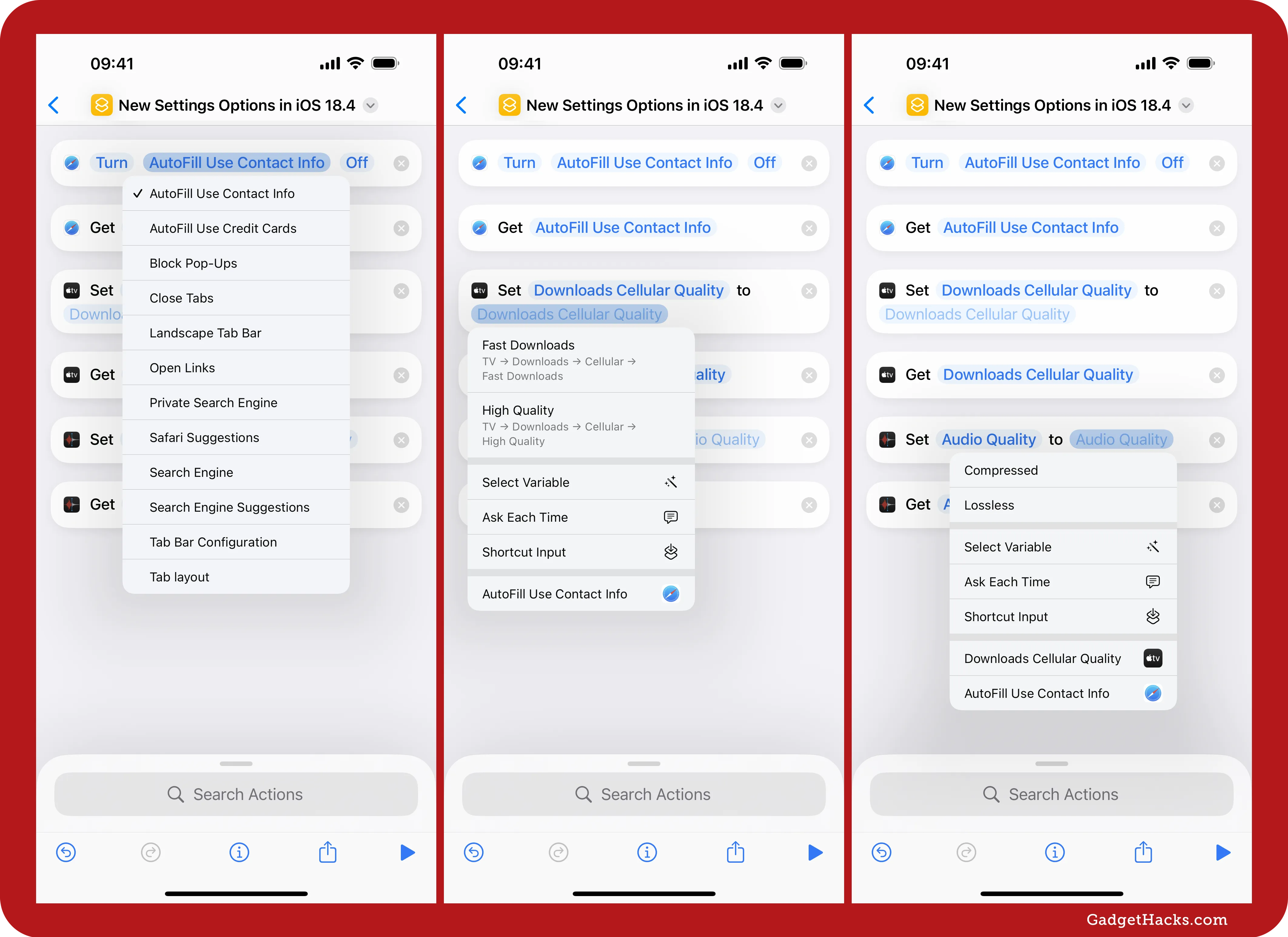 New settings actions in Shortcuts are available for Safari, TV, Voice Memos, and other Apple apps.