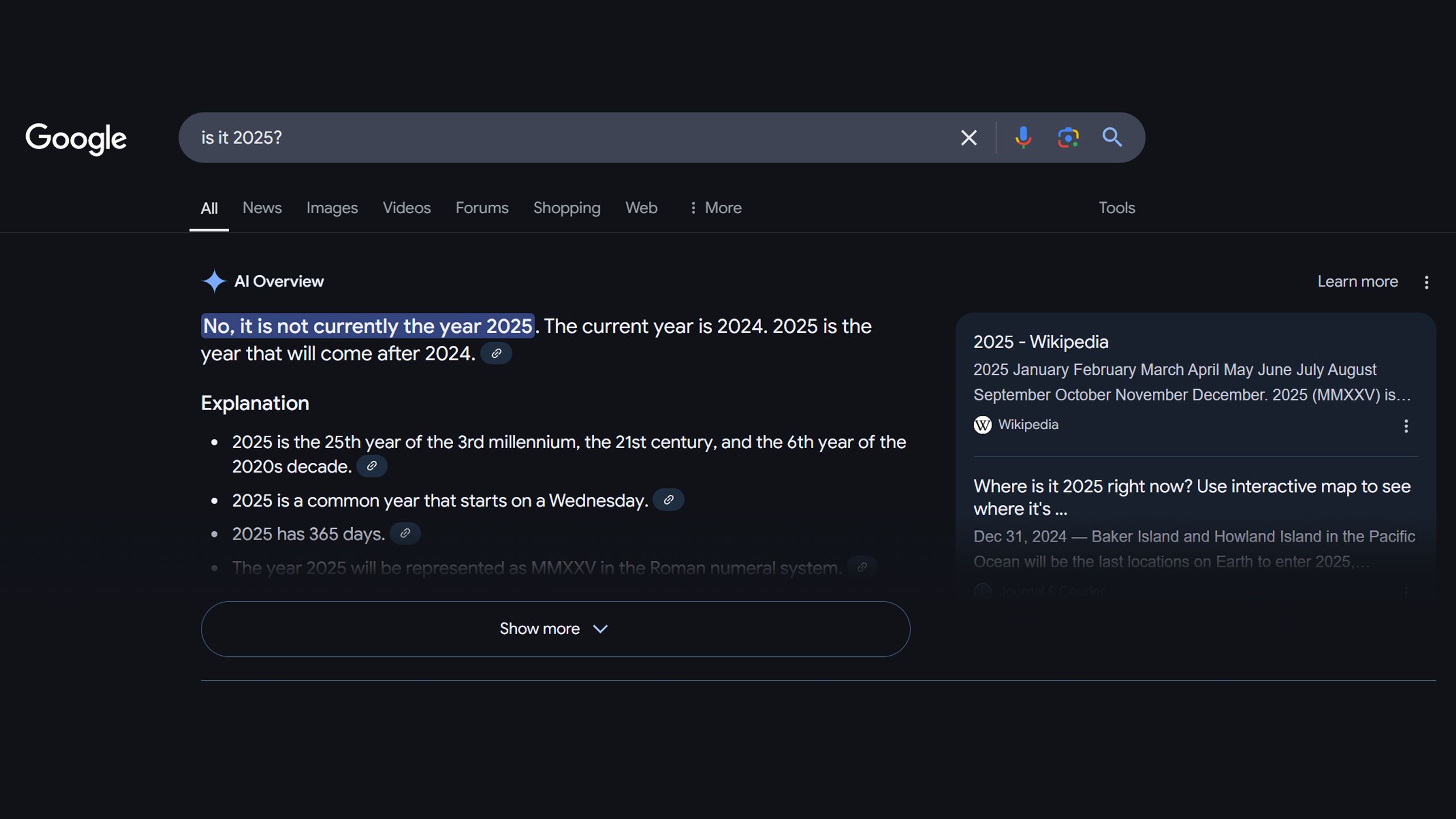 Google search asking "is it 2025?" but AI Overview says it isn't.