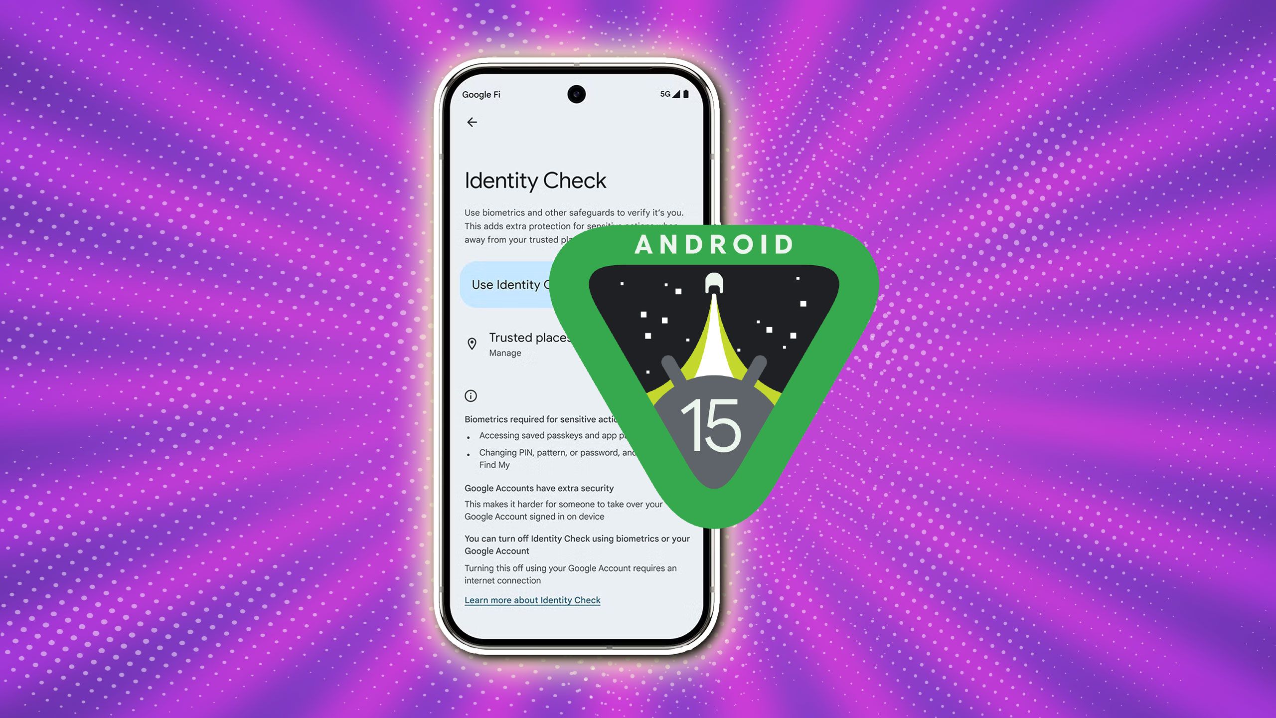 Android 15 logo overlaying the Identity Check feature on a purple, blue patterned background