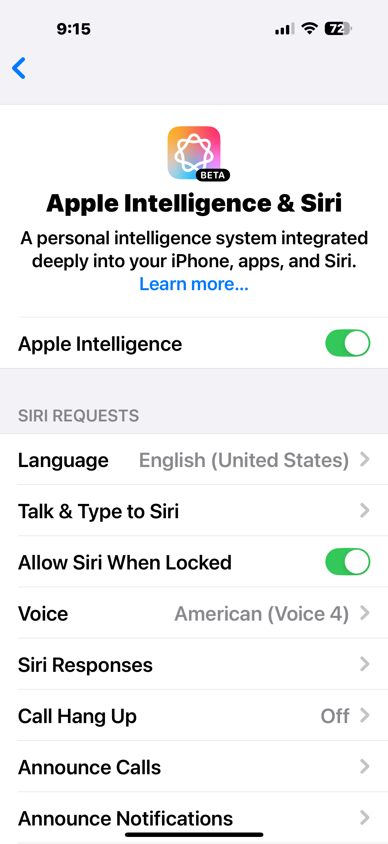 The Apple Intelligence and Siri page that allows you to disable AI features