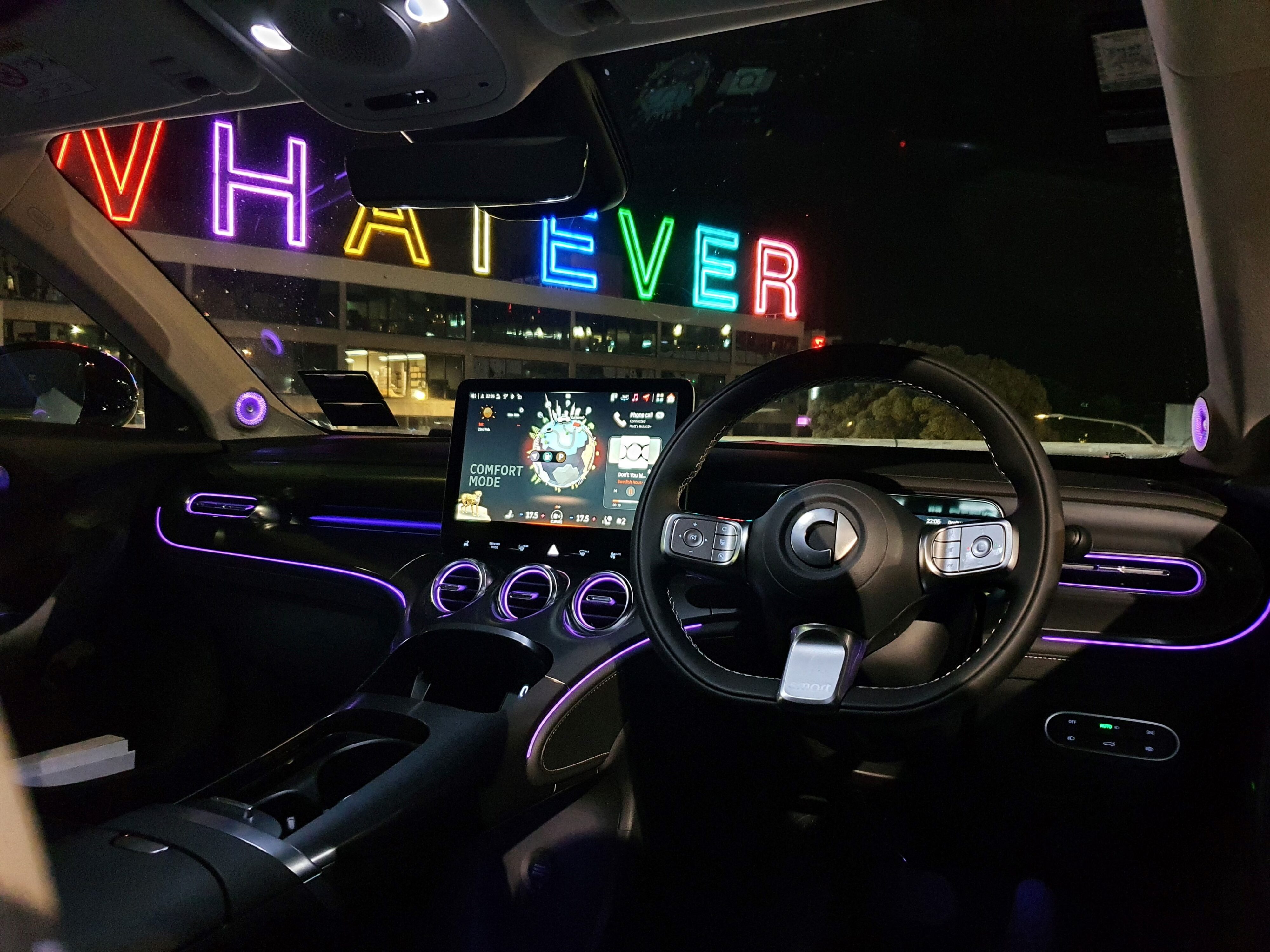 Interior of a smart #3 Premium photographed at night.