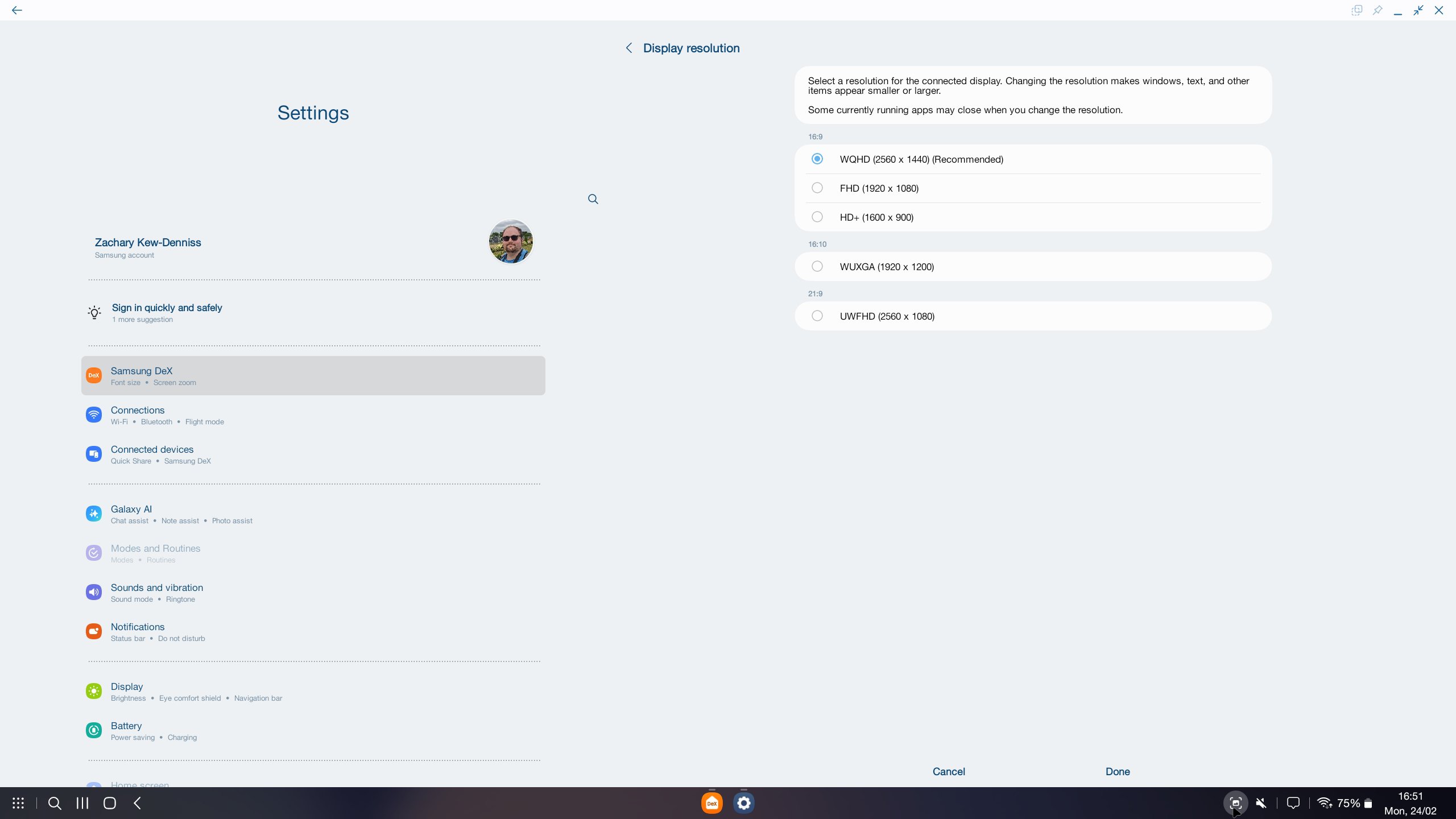 Image of Samsung DeX resolution settings