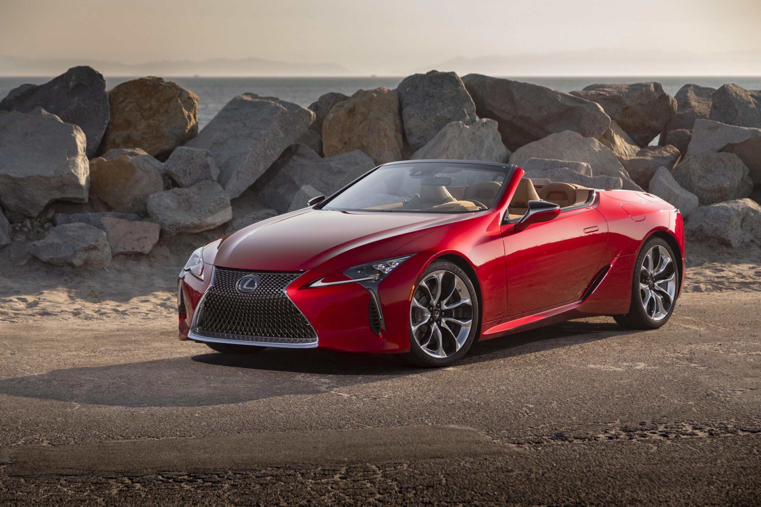 A red 2023 Lexus LC500 parked