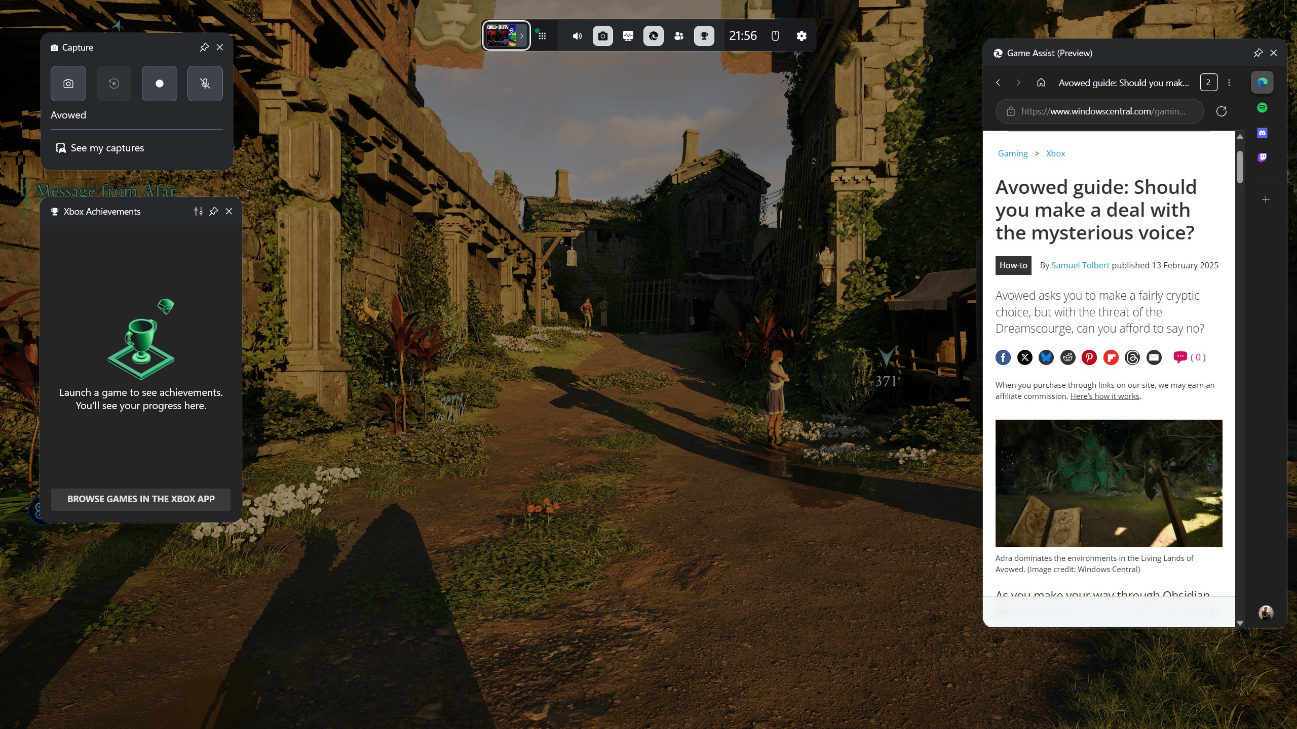 Using Edge Game Assist on Xbox Game Bar while playing Avowed