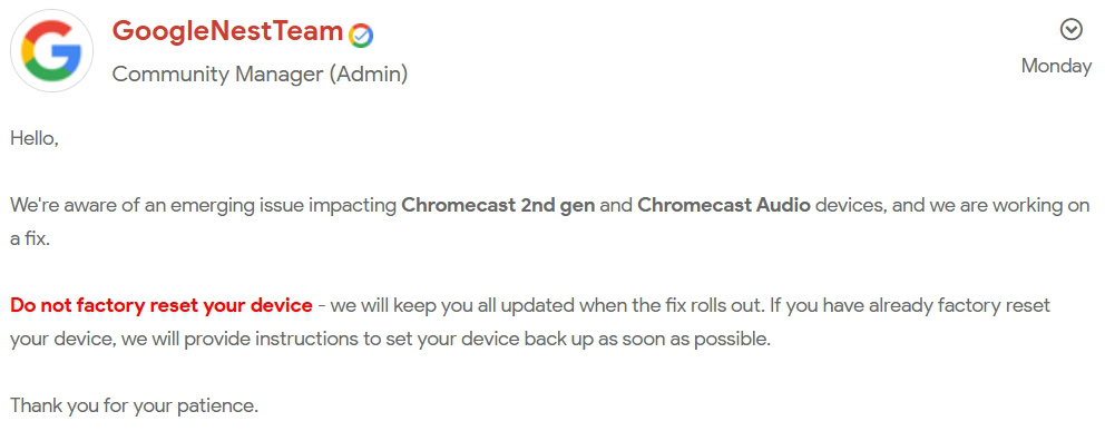 Chromecast Do Not Factory Reset warning