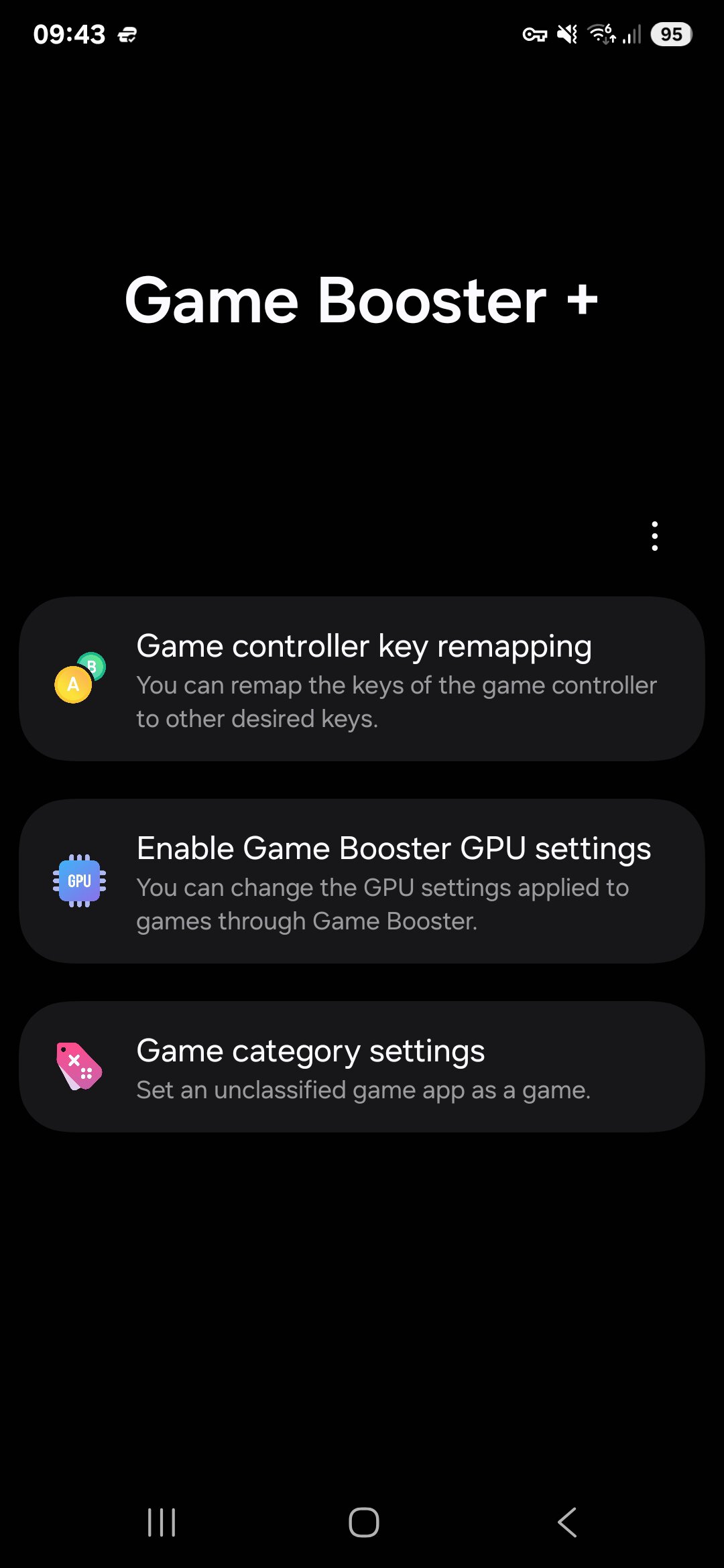 Samsung Game Booster Plus One UI 7 main menu