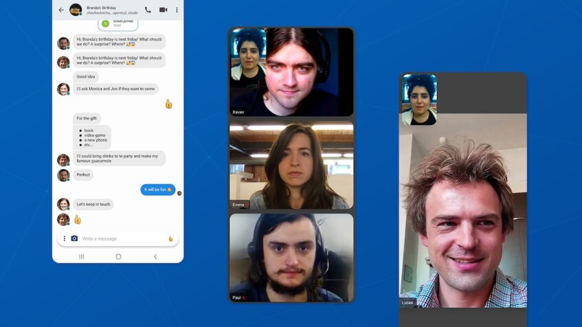 Three different previews of video calling and chatting on Jami Android app