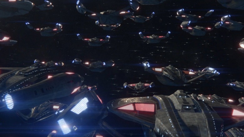 A fleet of starships, from behind, as seen in Star Trek: Picard.