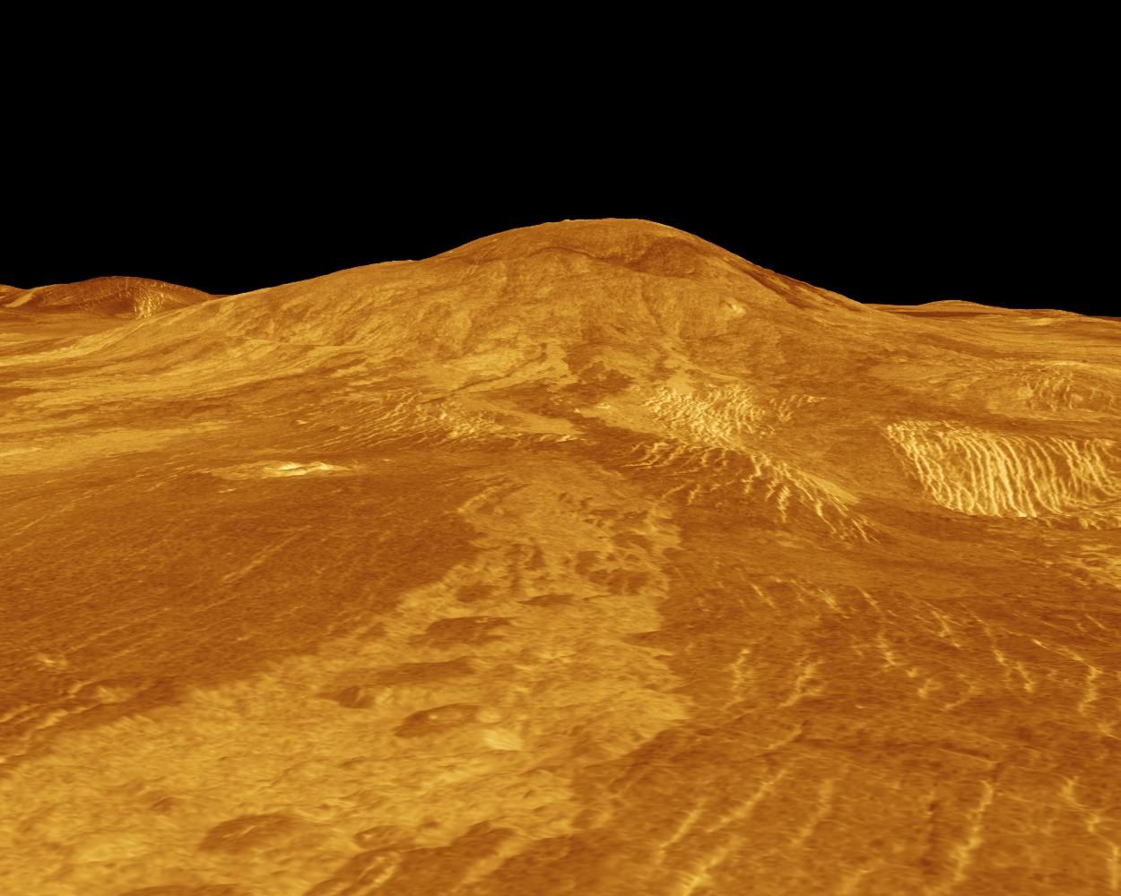 A computer-simulated view showing Sif Mons on Venus. 