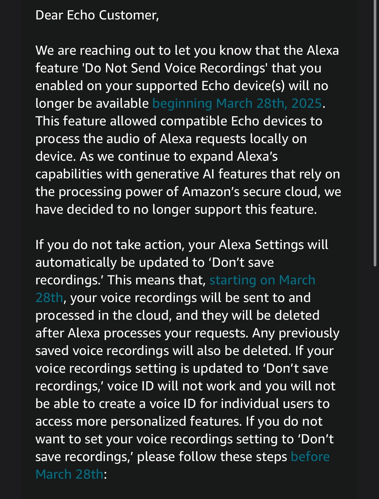 Alexa Do Note Send Voice Recordings email screenshot