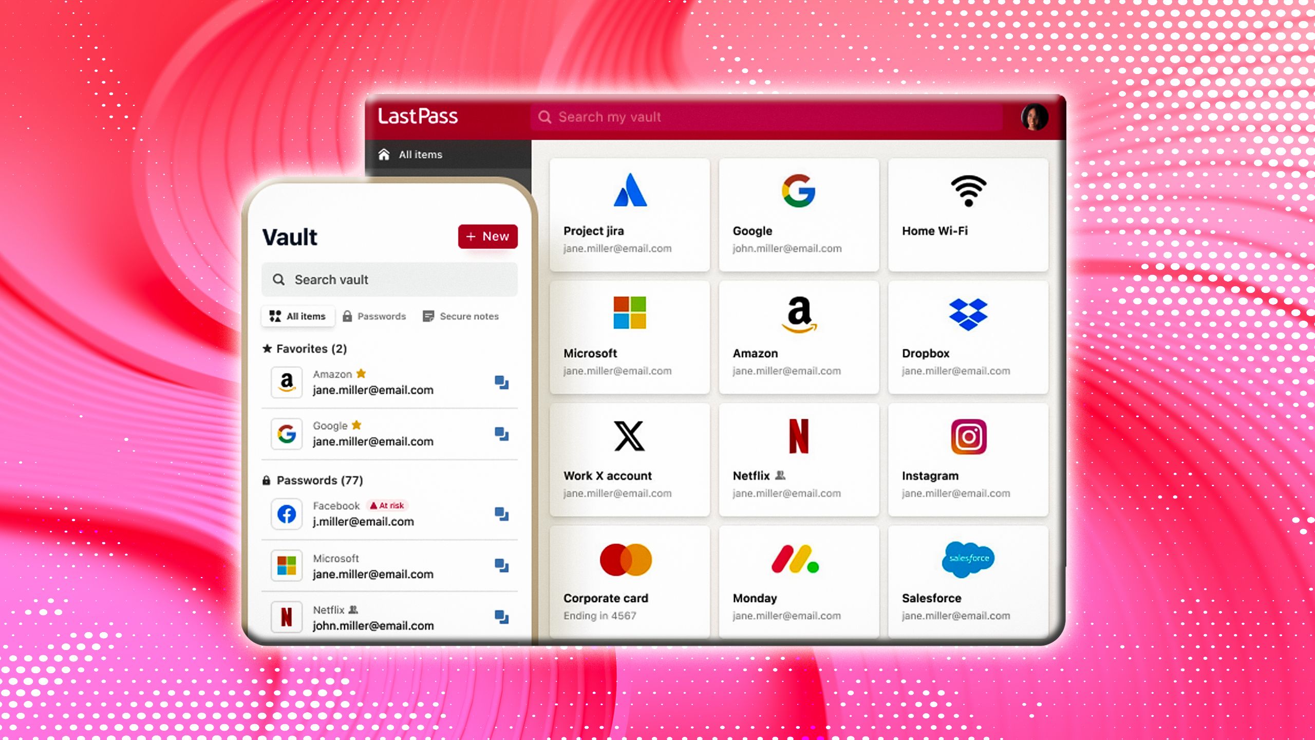 LastPass password manager against a pink and red background. 