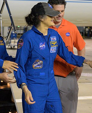 AFTER: Suni Williams looking frail after arriving back at NASA's headquarters in Houston, Texas