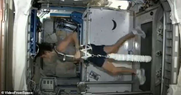 Sunita Williams runs on the ISS treadmill during her 2012 mission