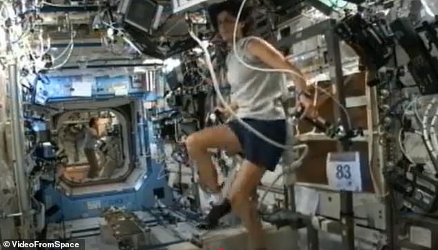 To maintain some of their strength, astronauts exercise for at least two hours per day on the ISS. Pictured: Sunita Williams uses the space station's stationary bike during her 2012 mission