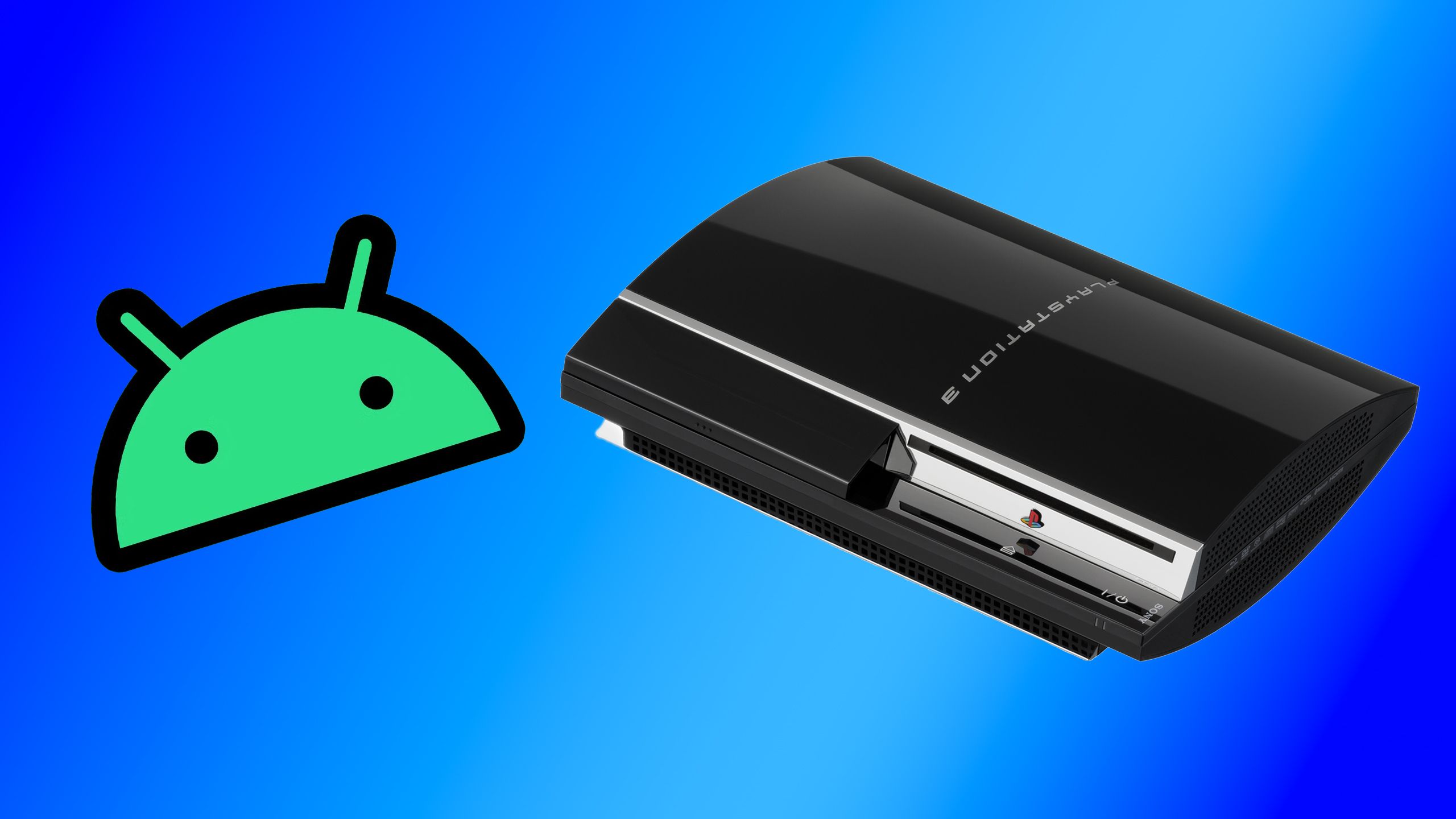 PS3 console next to Android logo on blue background.