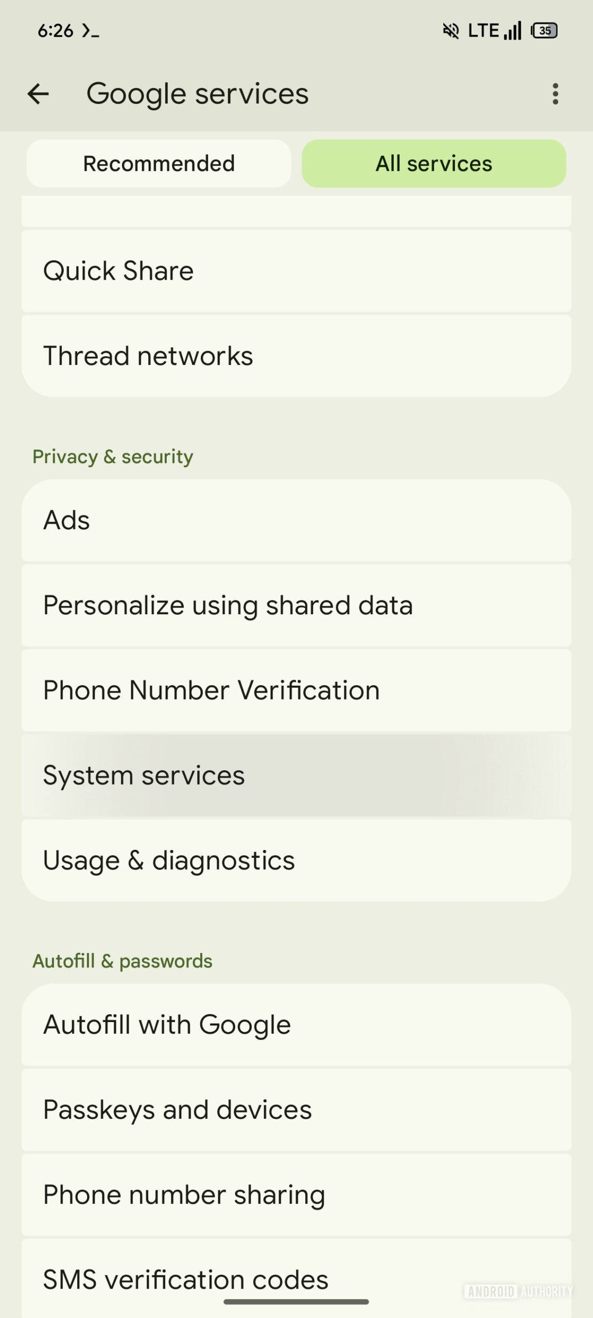 Google Play Services System Services page (1)