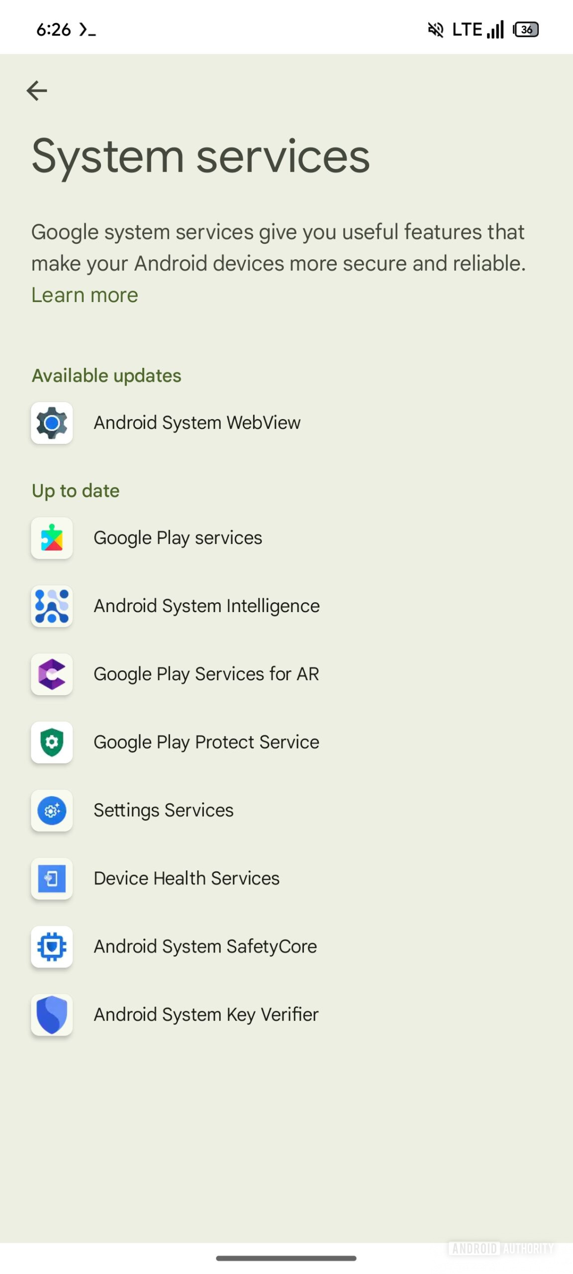 Google Play Services System Services page (2)